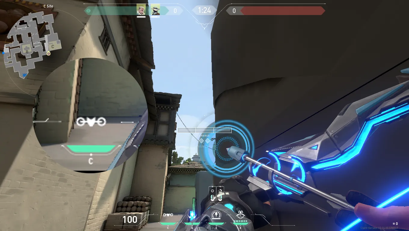 Sova Recon Bolt on Haven Defense Site C — step 2 of 3: Aim — line up the shot