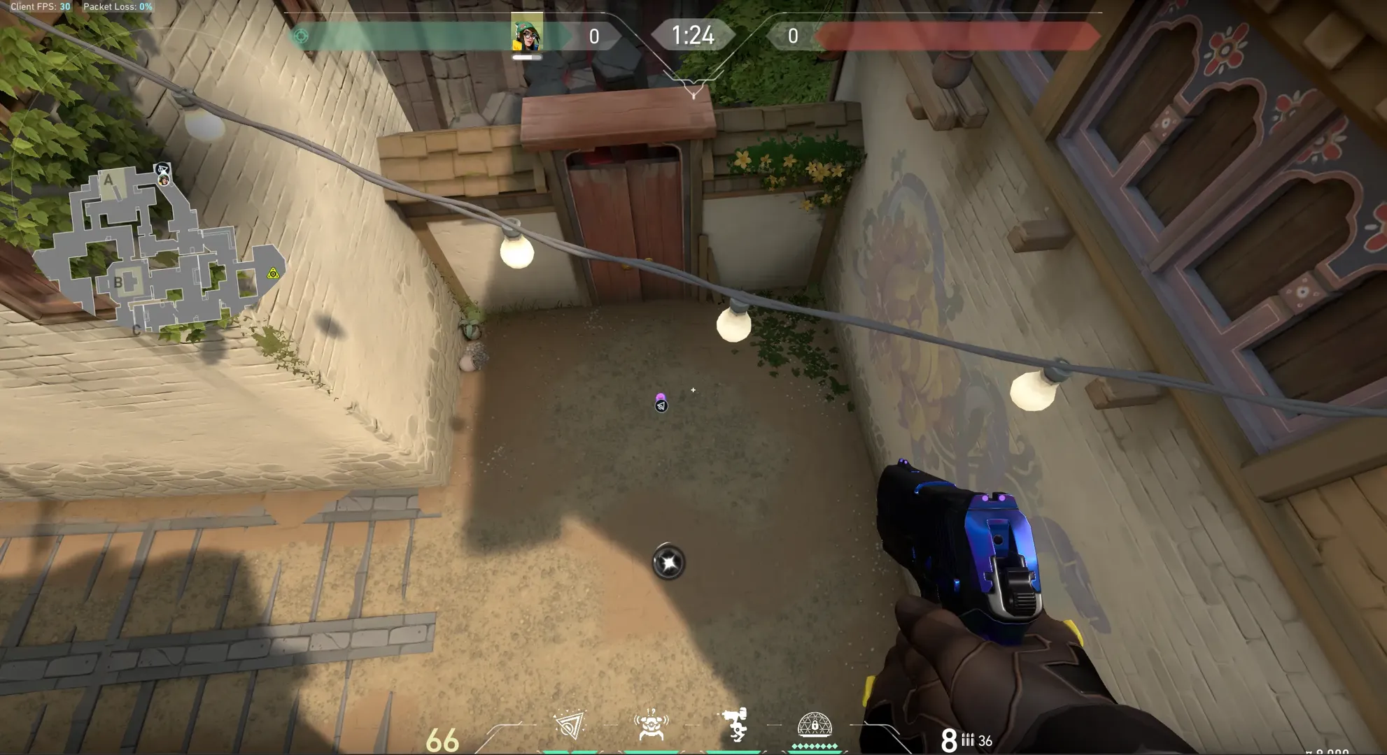 Killjoy Nanoswarm on Haven Defense Site A — step 3 of 4: Aim — line up the shot