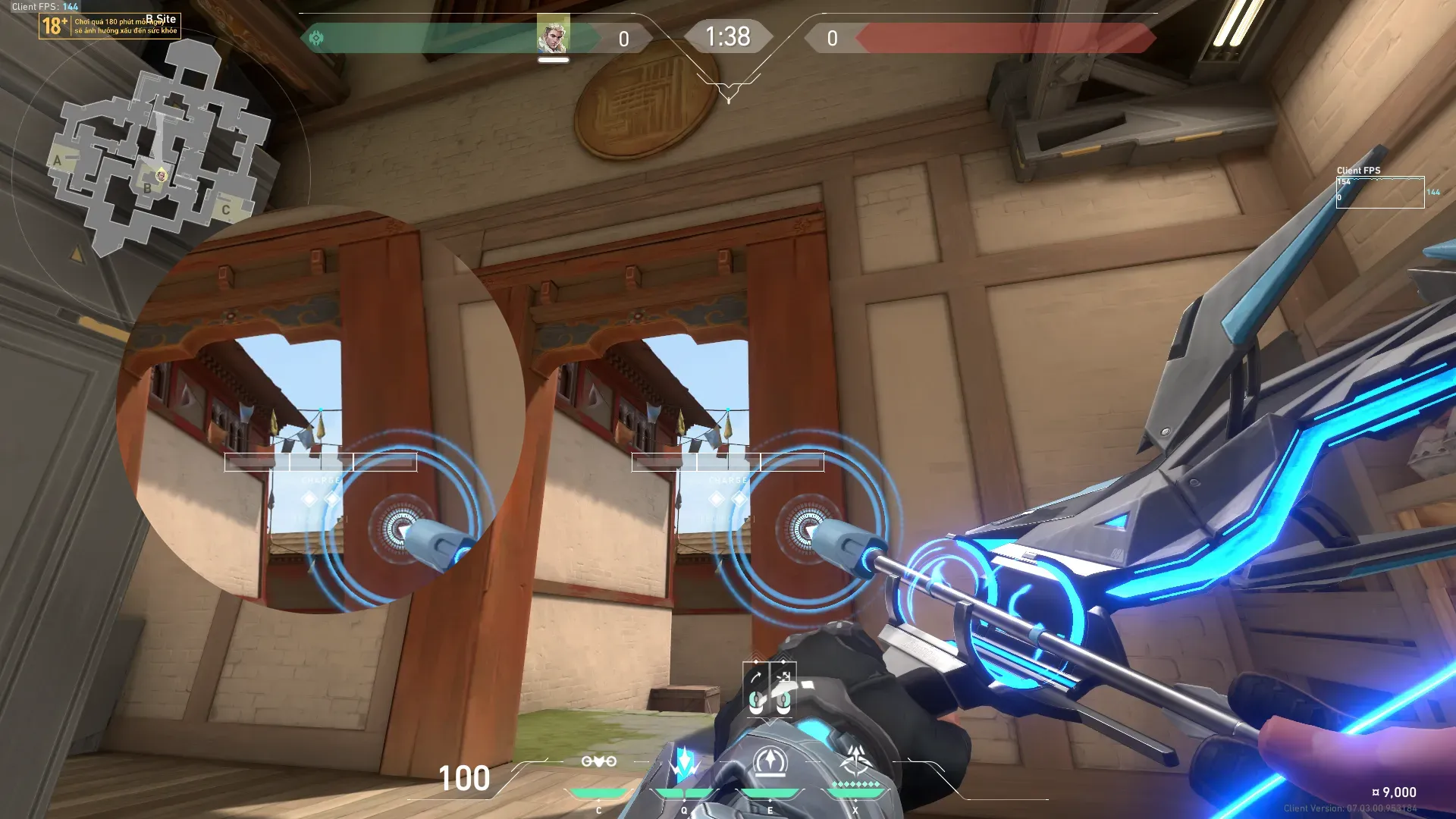 Sova Recon Bolt on Haven Defense Site A — step 2 of 3: Aim — line up the shot