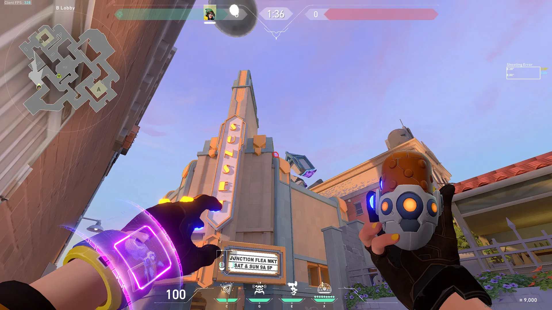 Killjoy Nanoswarm on Sunset Attack Site B — step 2 of 4: Aim — line up the shot