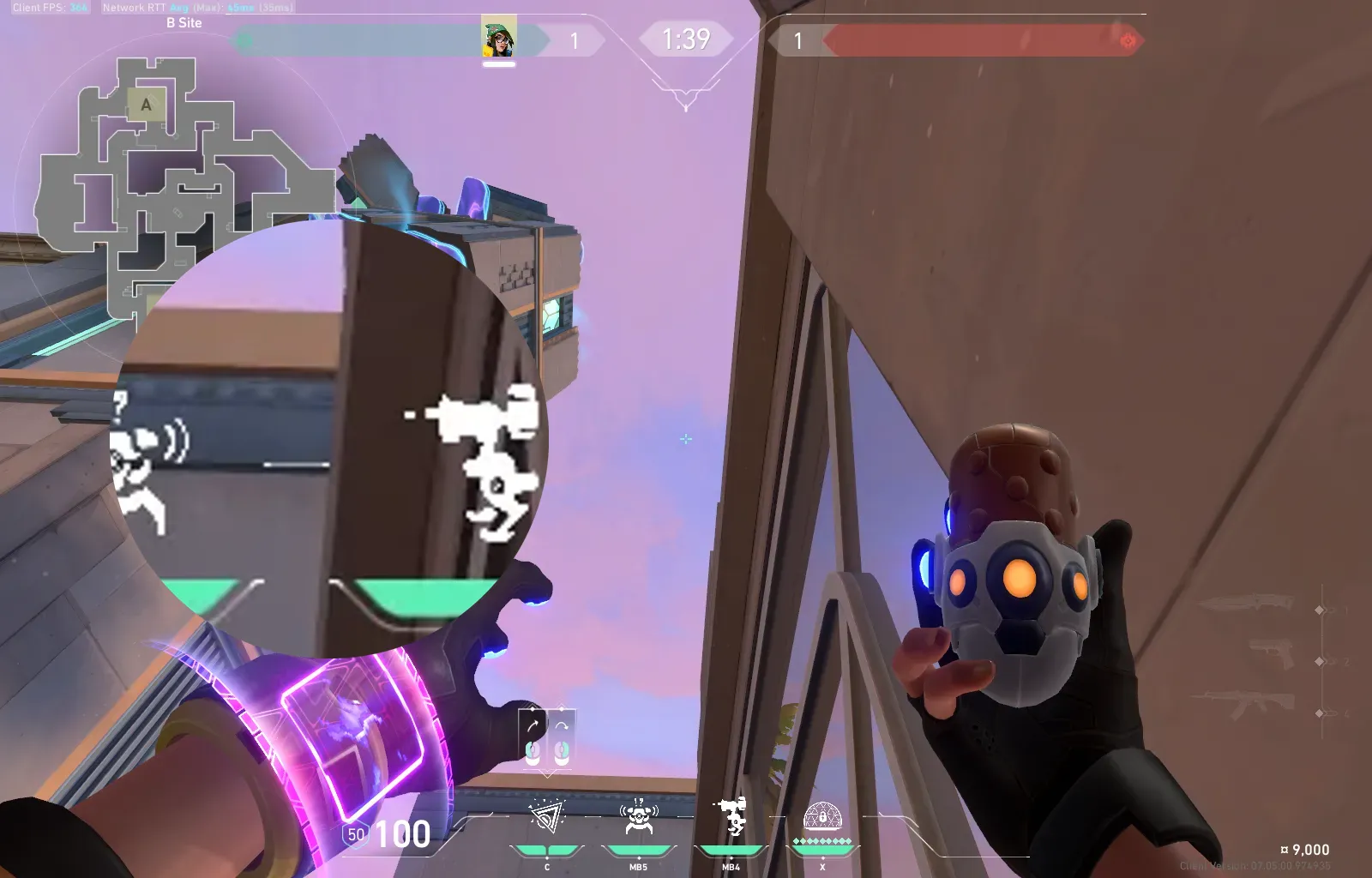 Killjoy Nanoswarm on Sunset Defense Site B — step 2 of 4: Aim — line up the shot