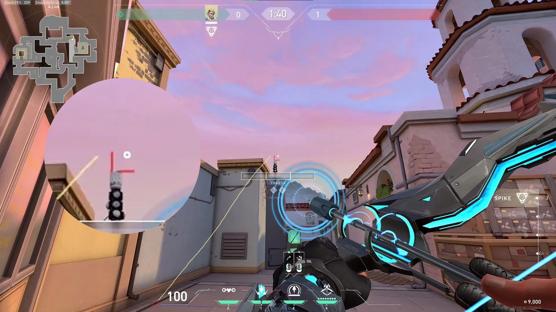 Sova Recon Bolt on Sunset Defense Site A — step 2 of 3: Aim — line up the shot