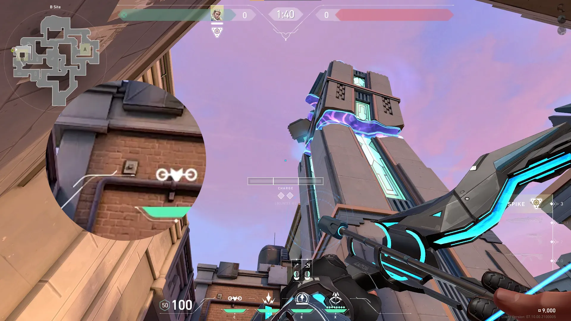 Sova Recon Bolt on Sunset Defense Site A — step 2 of 3: Aim — line up the shot