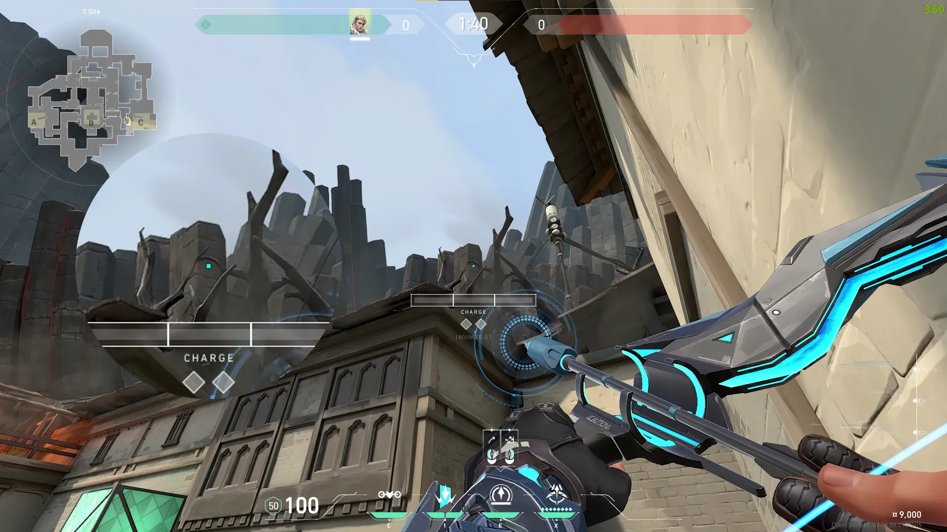Sova Recon Bolt on Haven Defense Site A — step 2 of 3: Aim — line up the shot