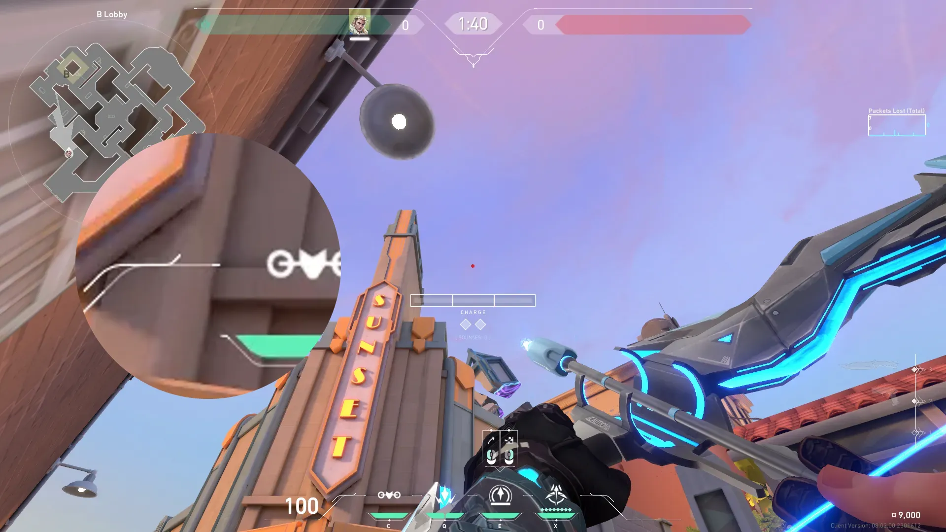 Sova Recon Bolt on Sunset Attack Site B — step 2 of 3: Aim — line up the shot