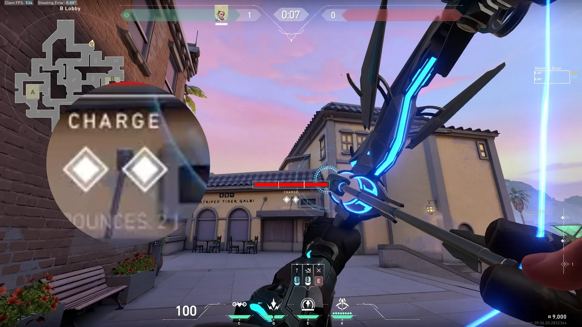 Sova Recon Bolt on Sunset Attack Site B — step 2 of 3: Aim — line up the shot