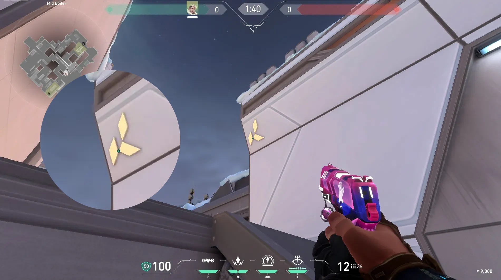 Sova Recon Bolt on Icebox Defense Site B — step 2 of 5: Aim — line up the shot