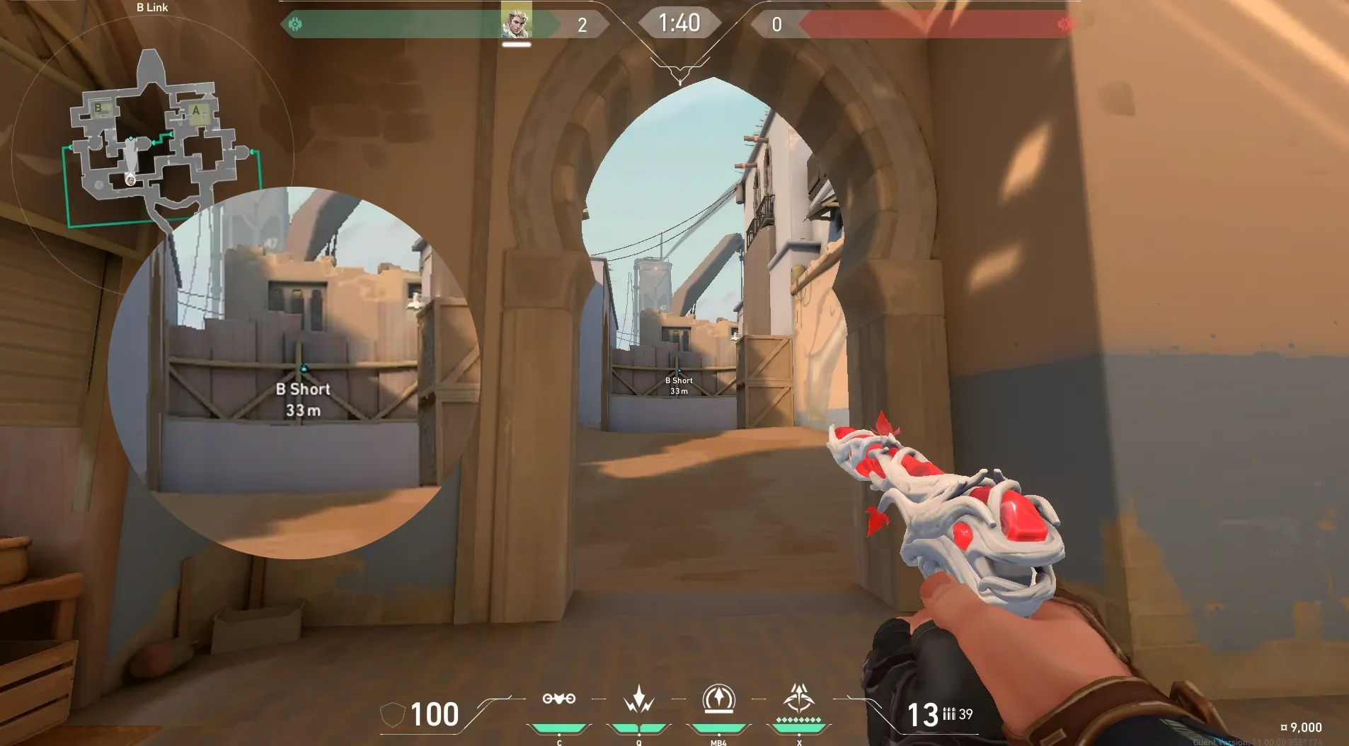 Sova Recon Bolt on Bind Attack Site B — step 2 of 5: Aim — line up the shot