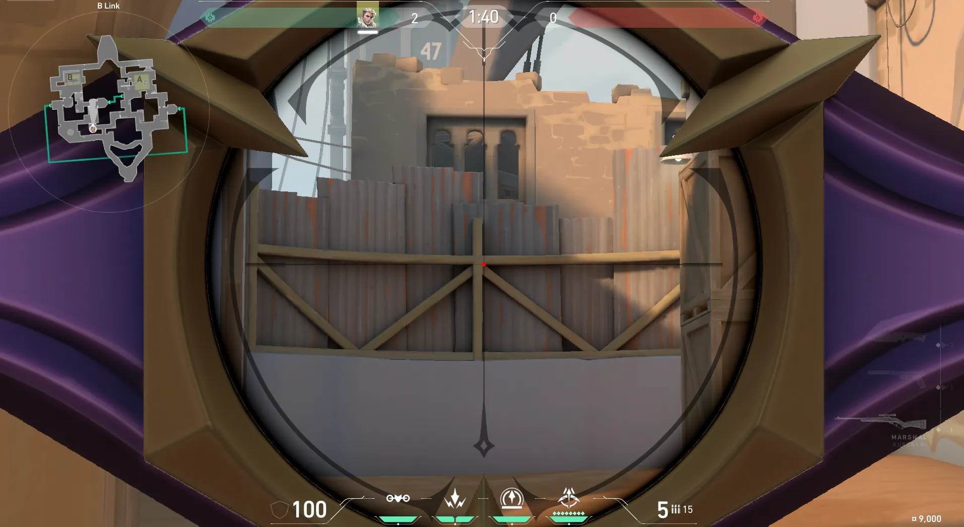 Sova Recon Bolt on Bind Attack Site B — step 3 of 5: Aim — line up the shot