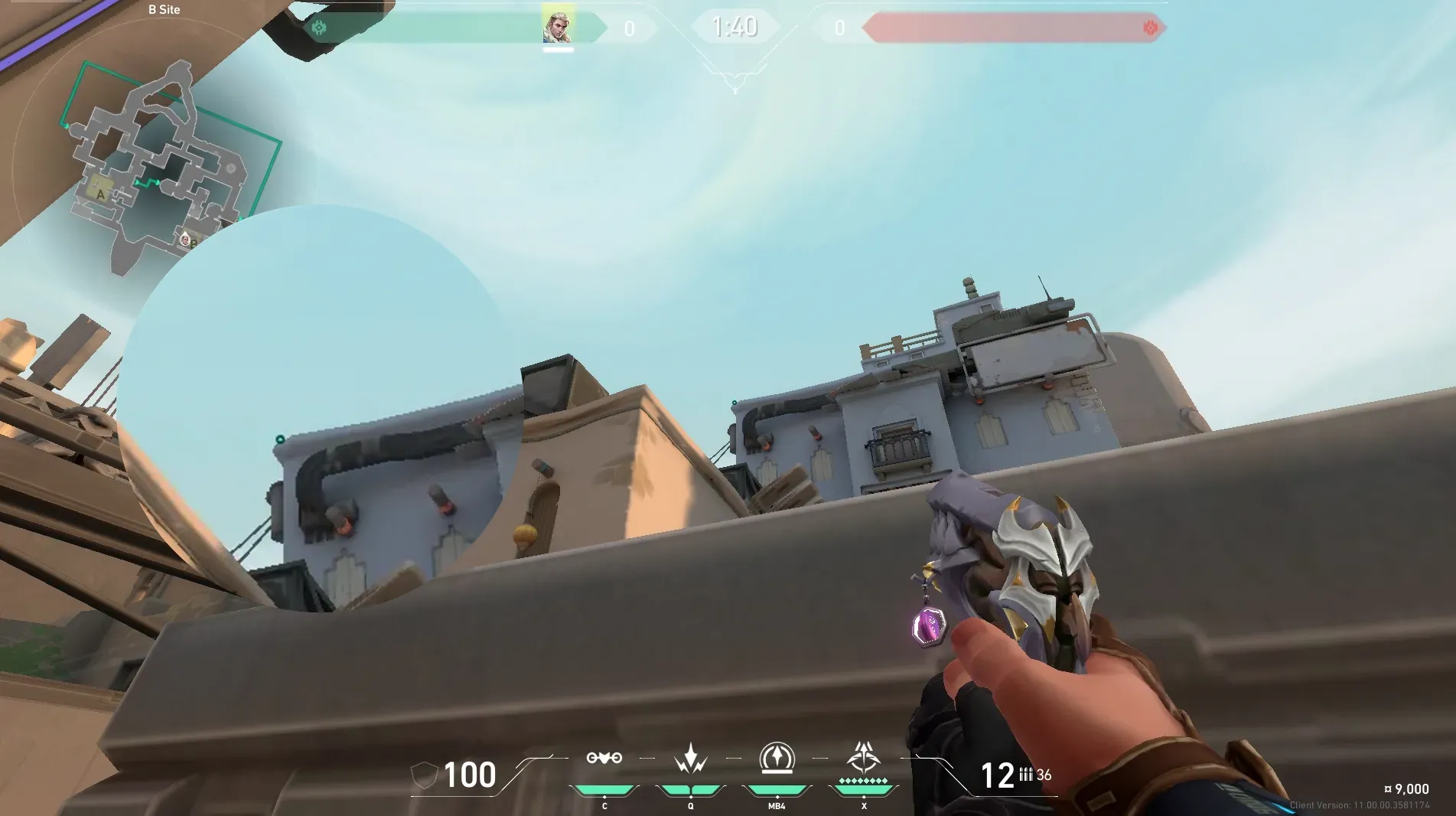 Sova Recon Bolt on Bind Defense Site B — step 2 of 4: Aim — line up the shot