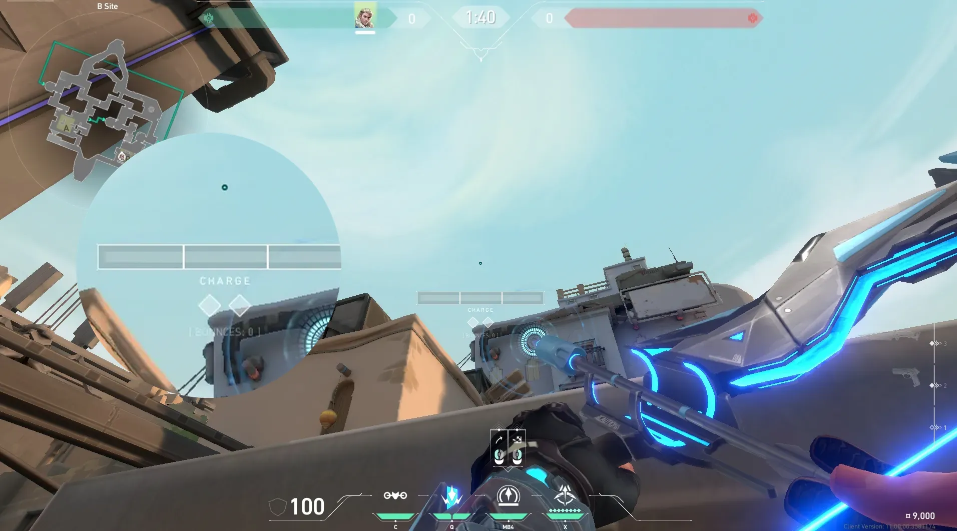 Sova Recon Bolt on Bind Defense Site B — step 3 of 4: Aim — line up the shot