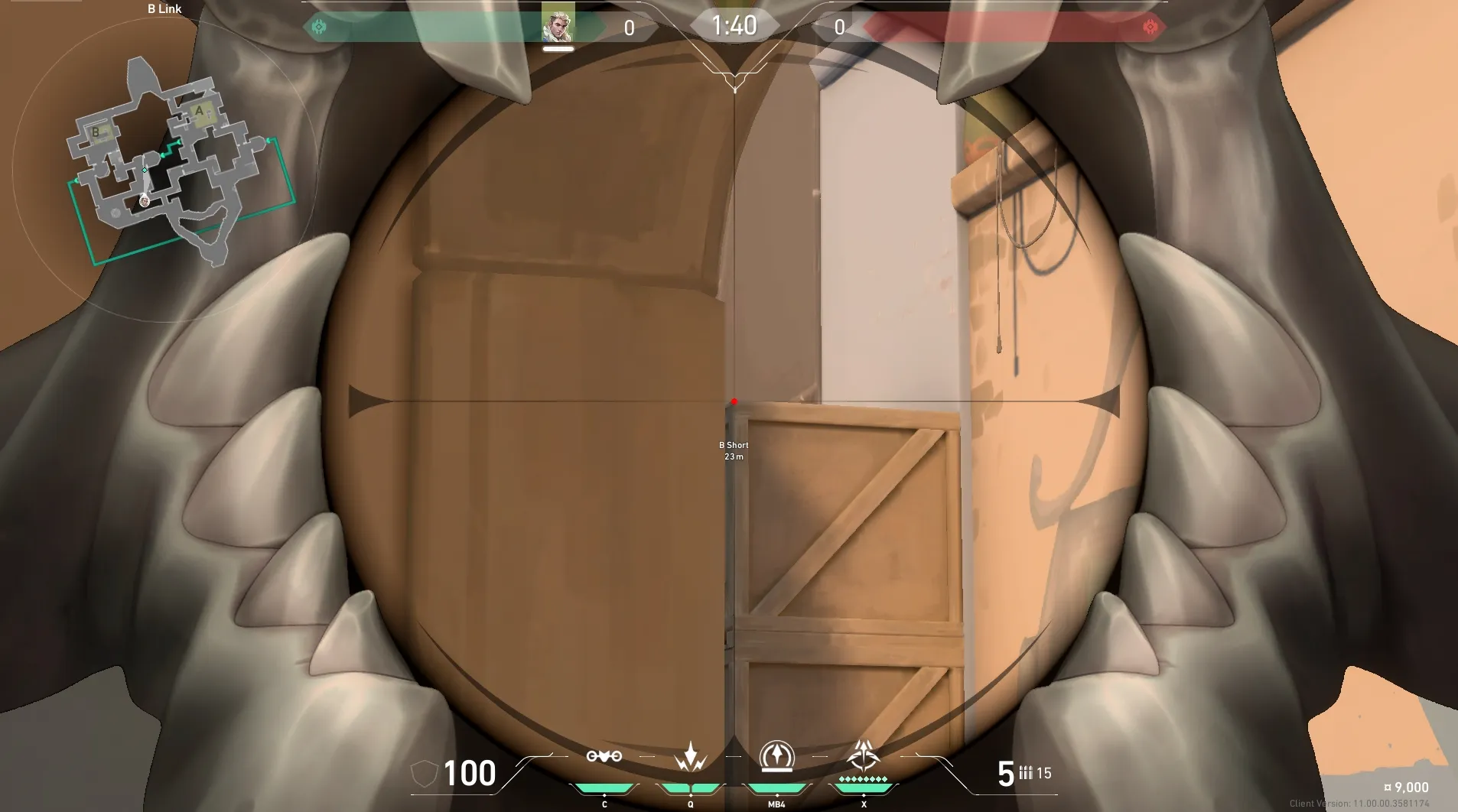 Sova Recon Bolt on Bind Attack Site B — step 2 of 5: Aim — line up the shot