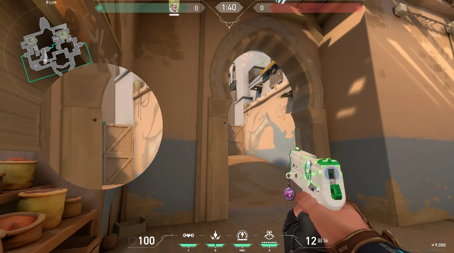 Sova Recon Bolt on Bind Attack Site B — step 3 of 5: Aim — line up the shot