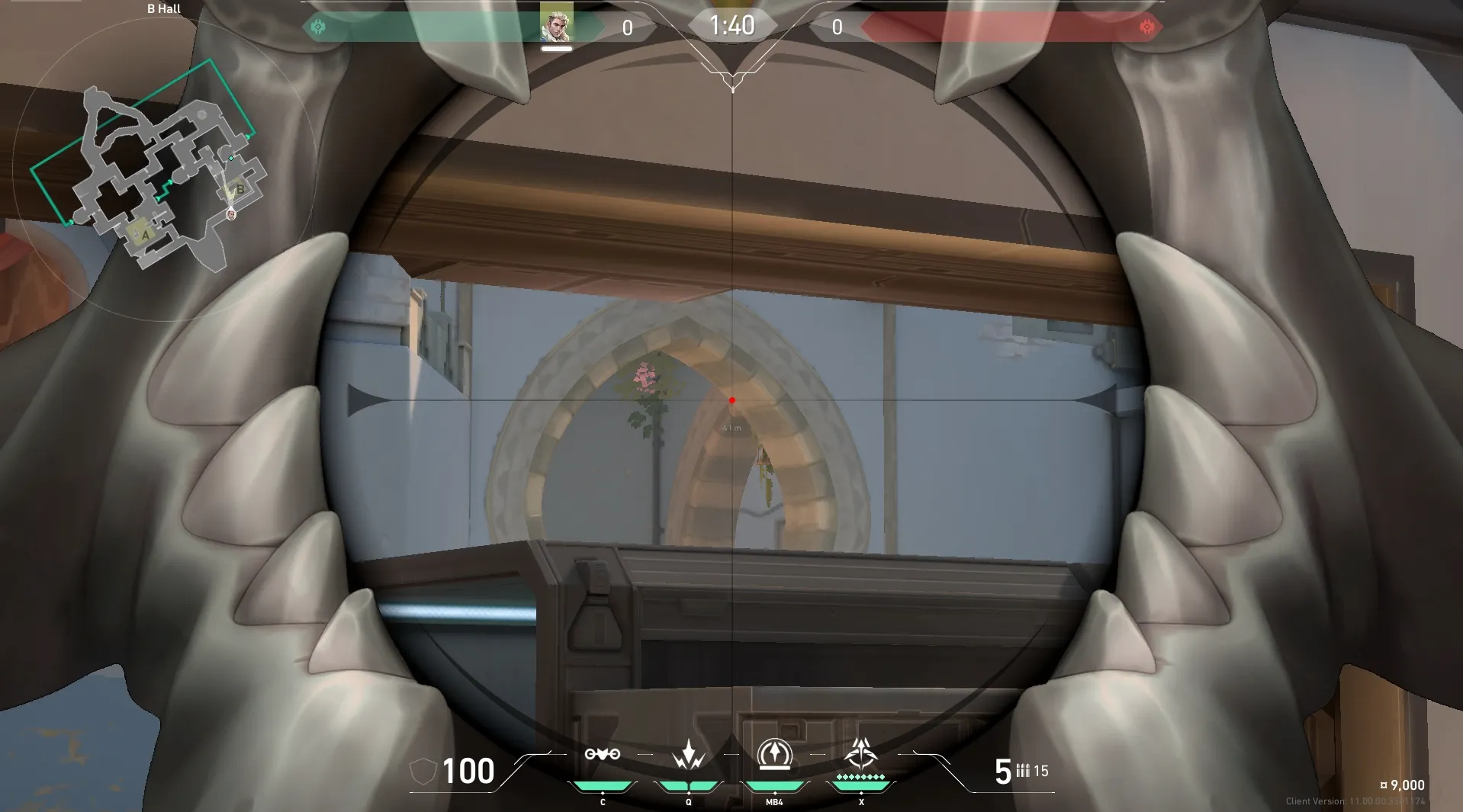Sova Recon Bolt on Bind Defense Site B — step 3 of 4: Aim — line up the shot