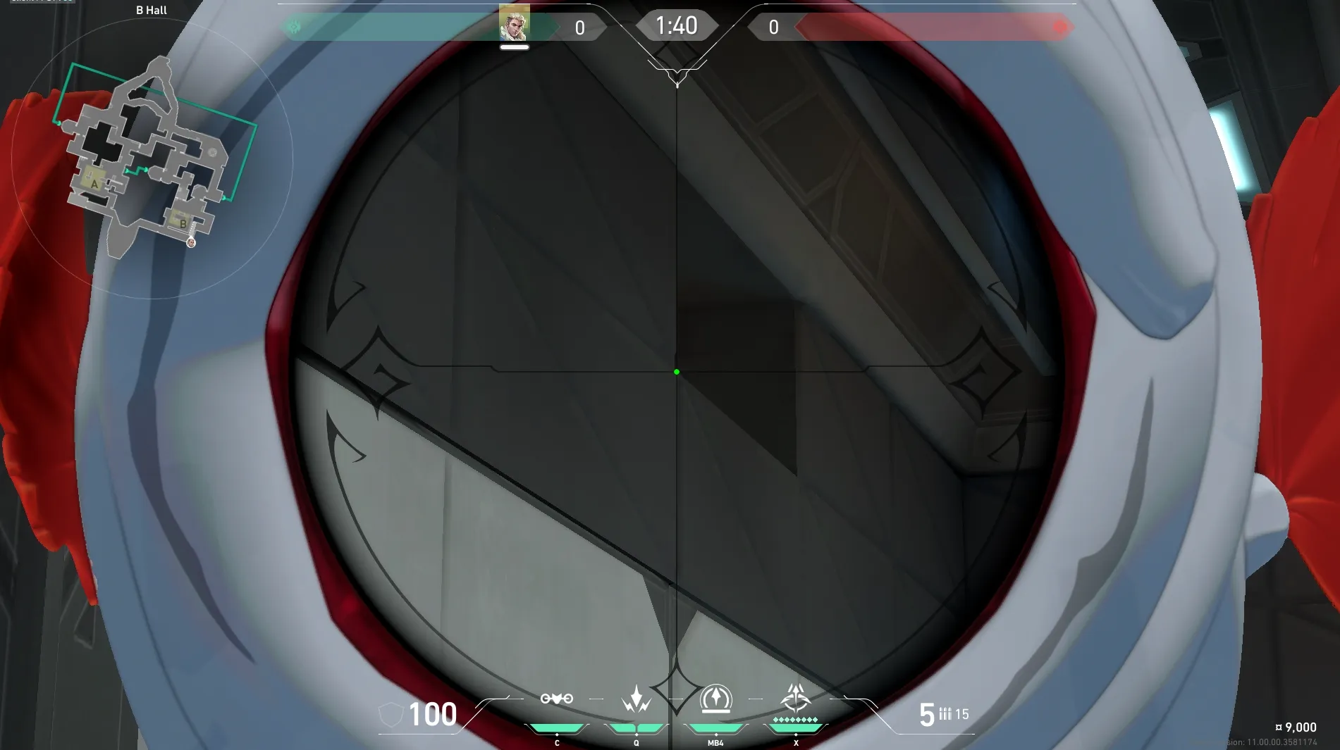 Sova Recon Bolt on Bind Defense Site B — step 3 of 4: Aim — line up the shot