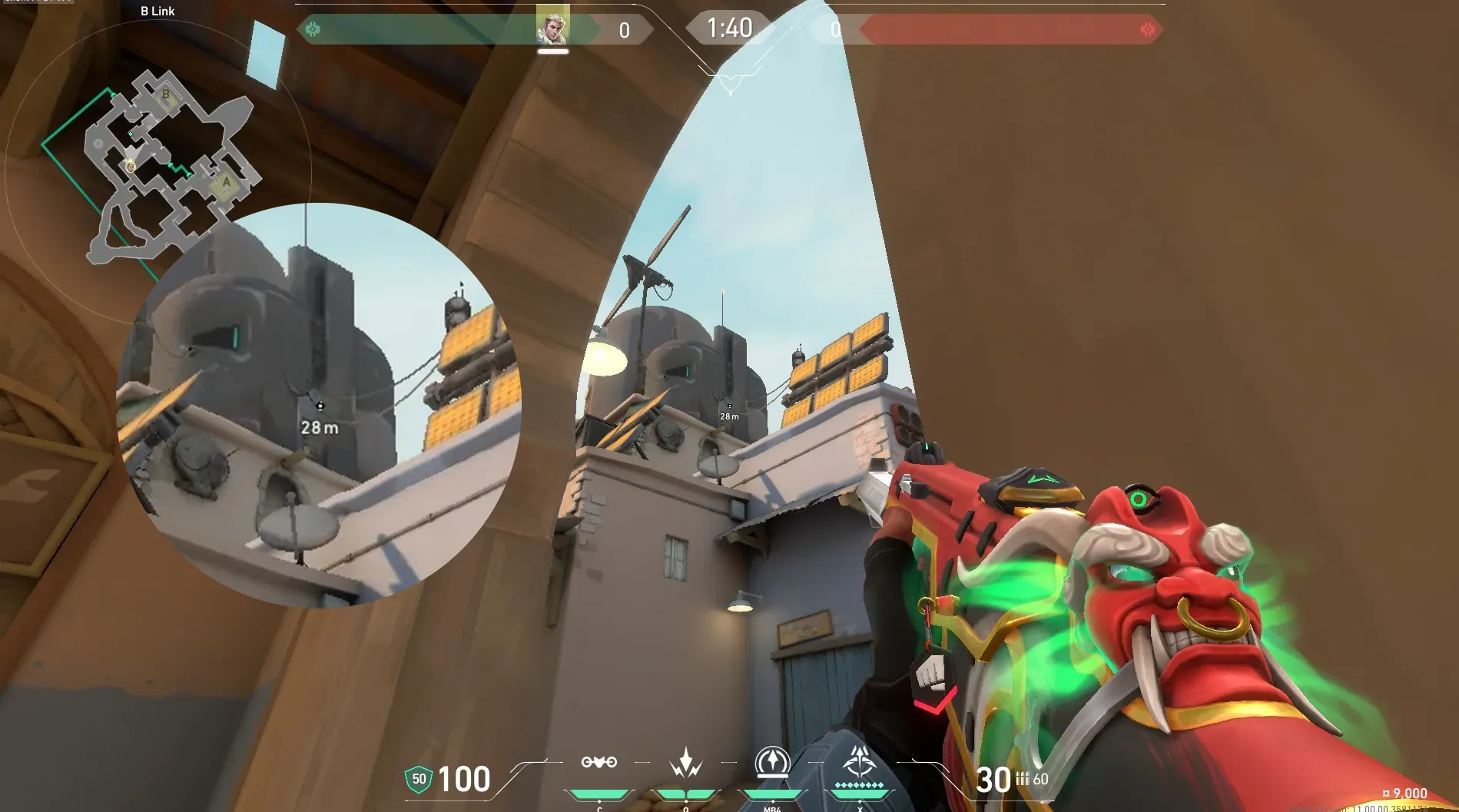 Sova Recon Bolt on Bind Attack Site B — step 2 of 5: Aim — line up the shot
