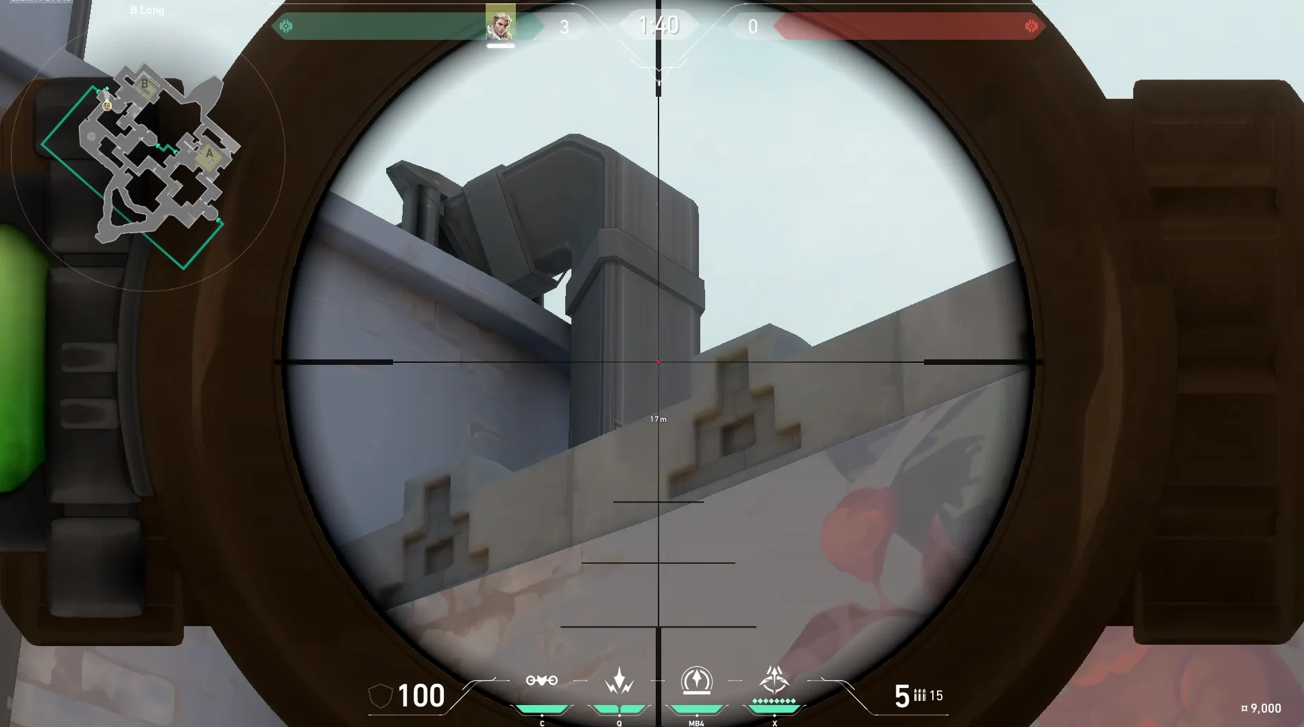 Sova Recon Bolt on Bind Attack Site B — step 3 of 4: Aim — line up the shot
