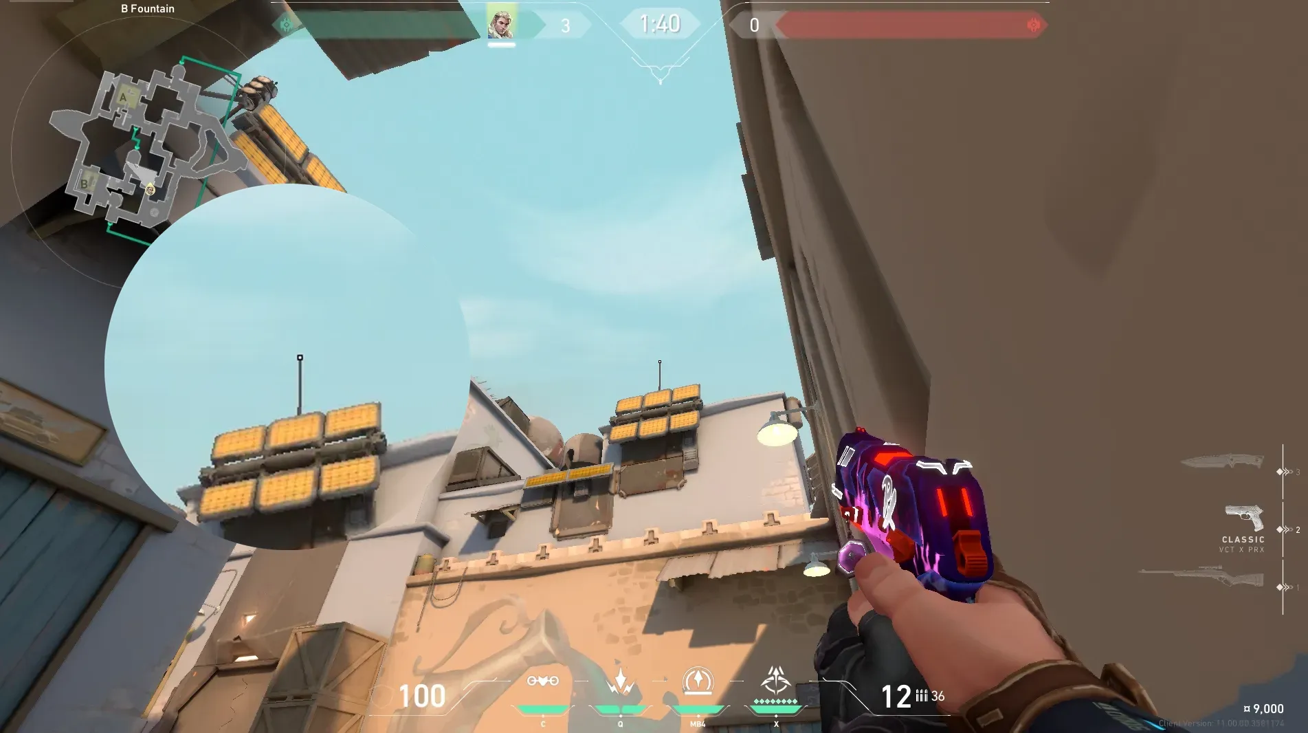 Sova Recon Bolt on Bind Attack Site B — step 3 of 6: Aim — line up the shot