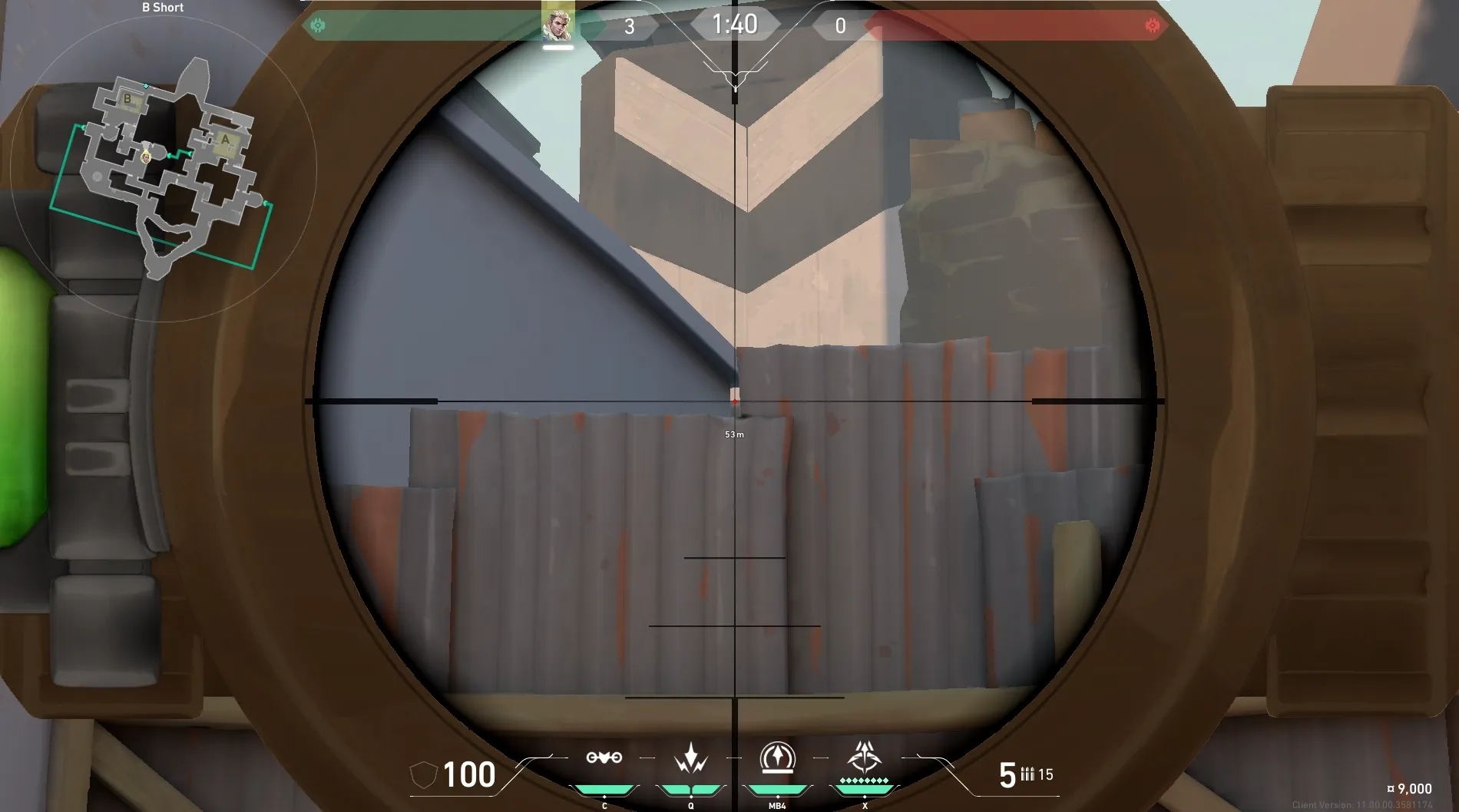 Sova Recon Bolt on Bind Attack Site B — step 3 of 5: Aim — line up the shot