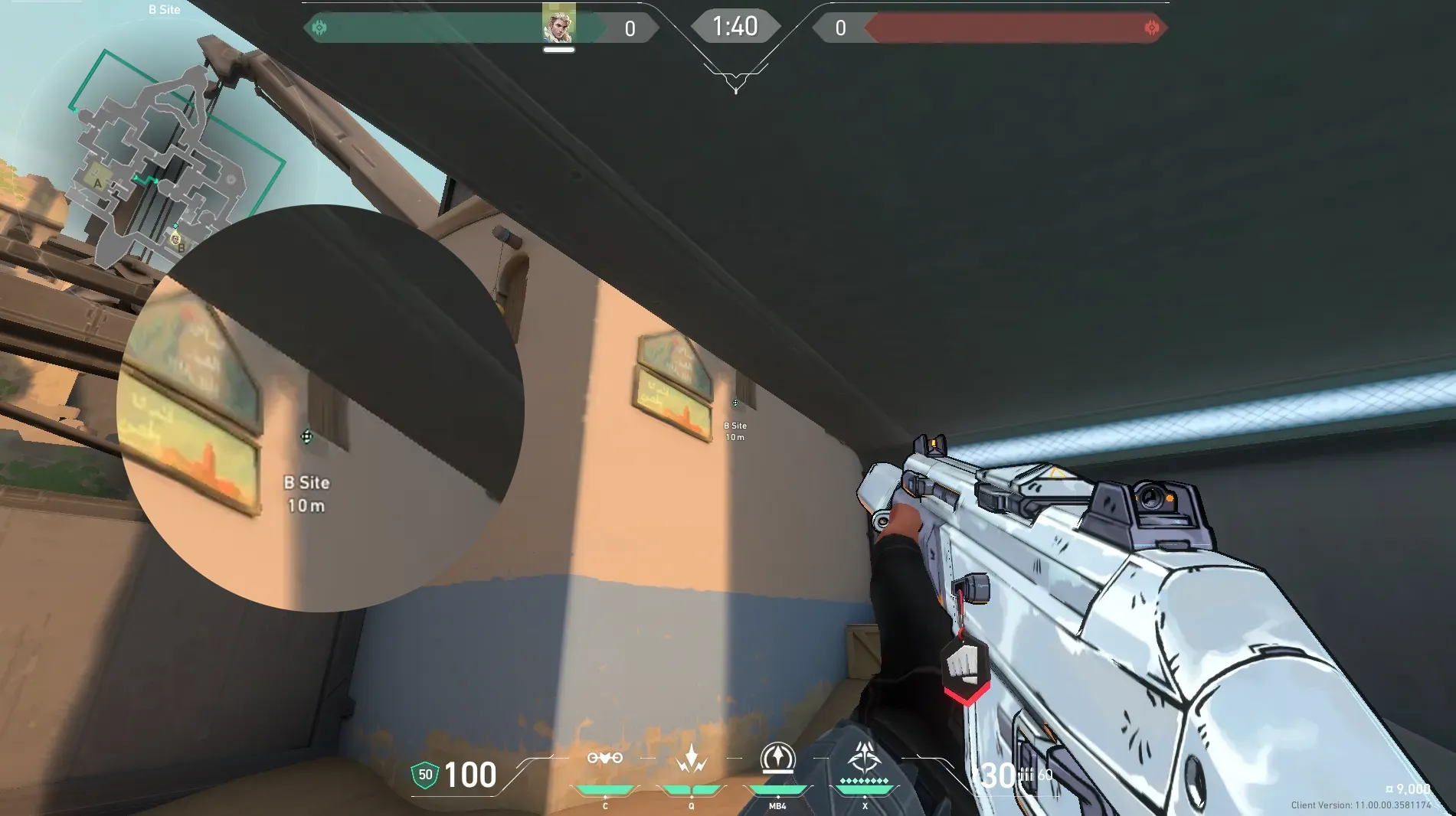 Sova Recon Bolt on Bind Defense Site B — step 2 of 4: Aim — line up the shot