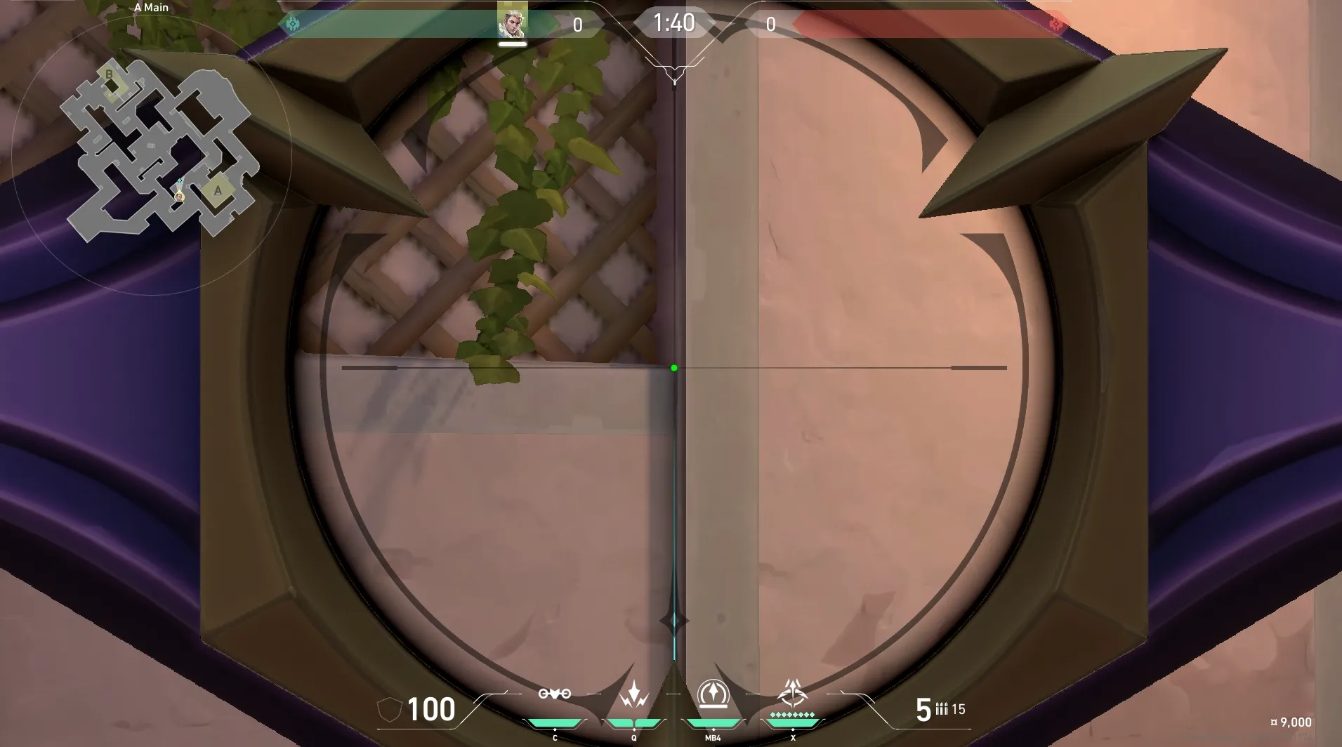 Sova Recon Bolt on Sunset Attack Site A — step 3 of 5: Aim — line up the shot