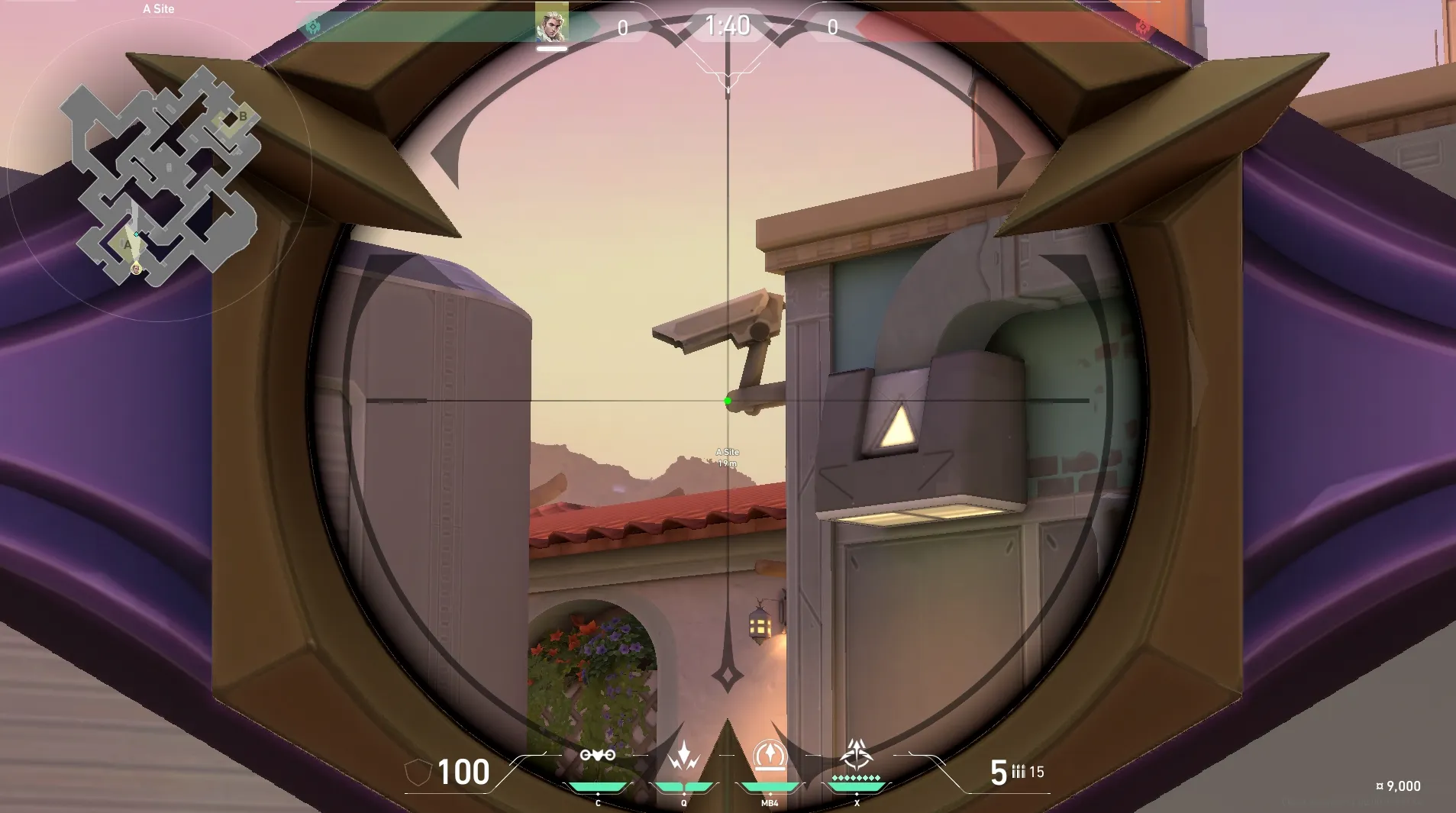 Sova Recon Bolt on Sunset Defense Site B — step 3 of 5: Aim — line up the shot