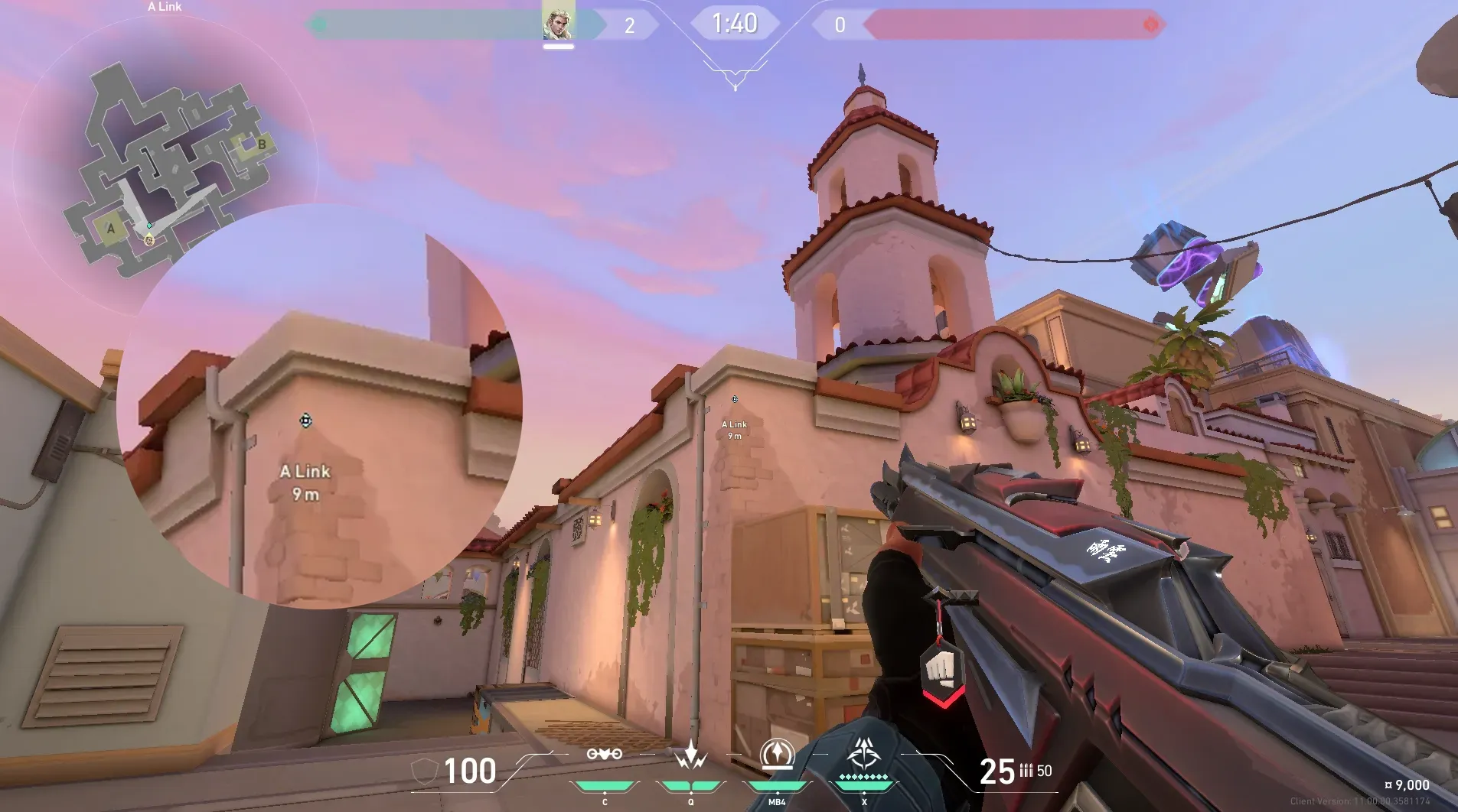 Sova Recon Bolt on Sunset Defense Mid — step 2 of 5: Aim — line up the shot