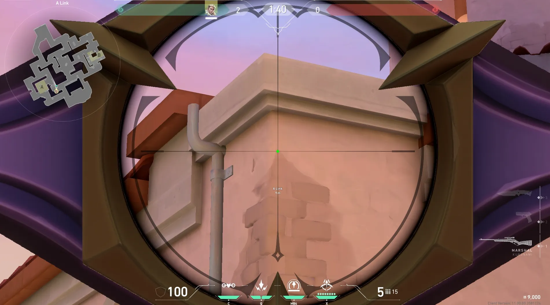 Sova Recon Bolt on Sunset Defense Mid — step 3 of 5: Aim — line up the shot