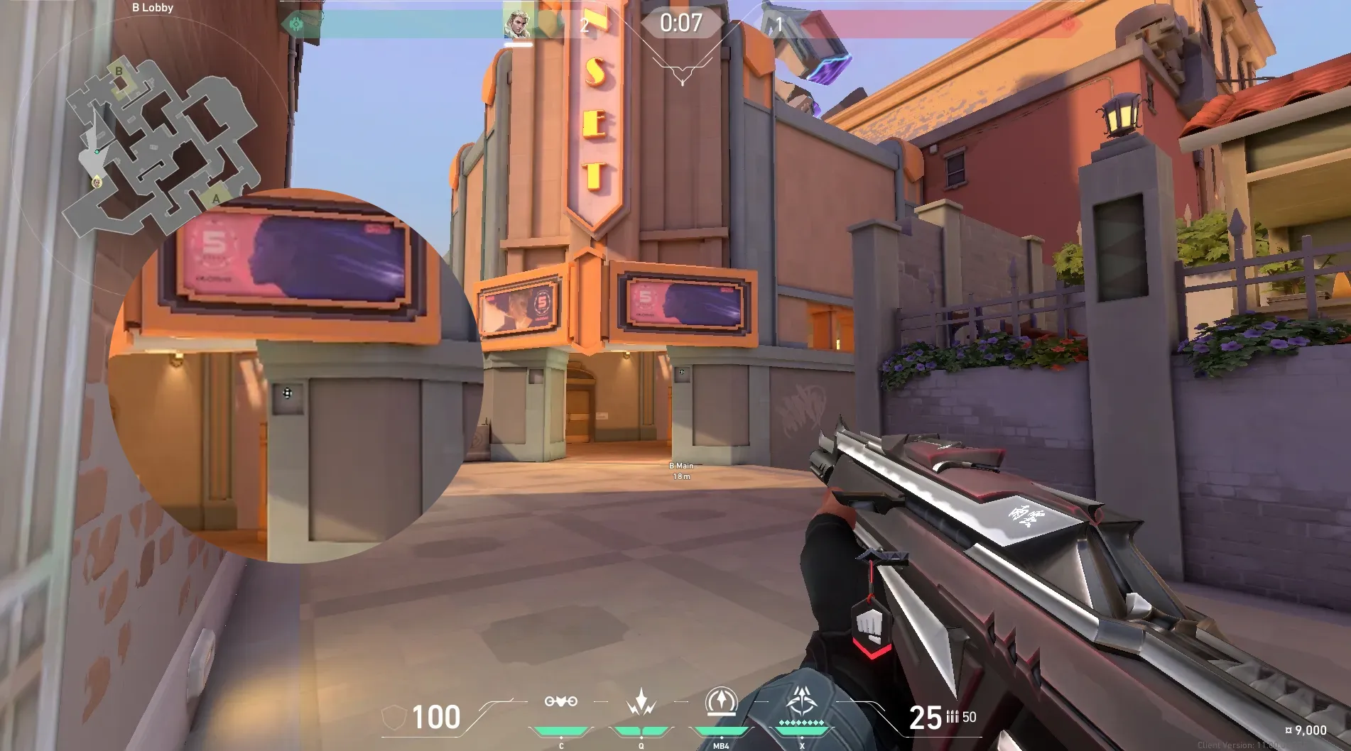 Sova Recon Bolt on Sunset Attack Mid — step 2 of 6: Aim — line up the shot