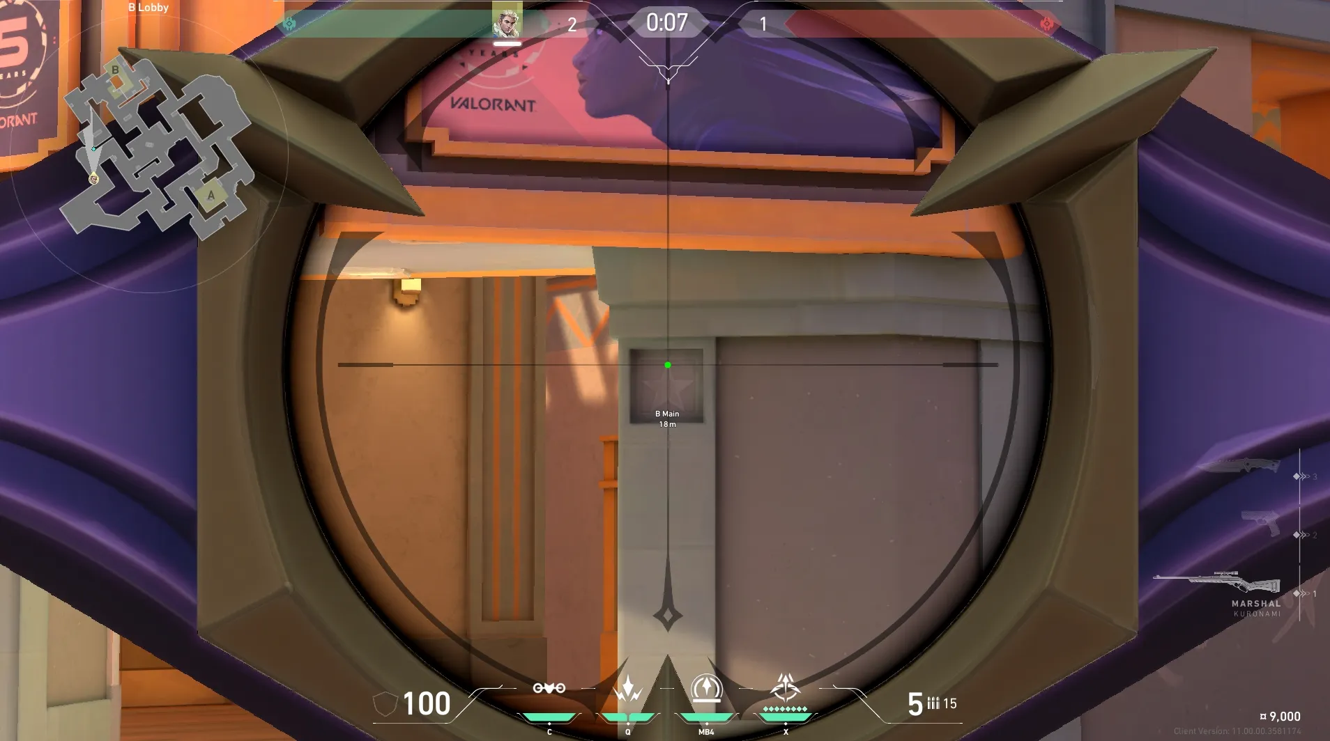 Sova Recon Bolt on Sunset Attack Mid — step 3 of 6: Aim — line up the shot