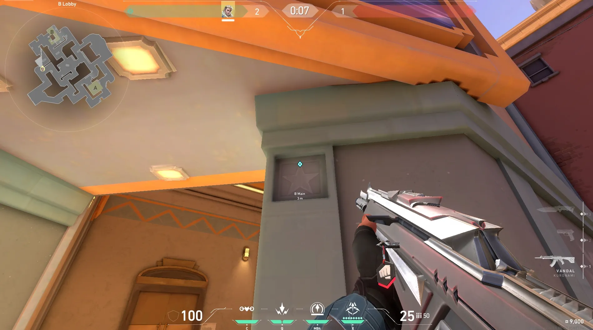 Sova Recon Bolt on Sunset Attack Mid — step 4 of 6: Aim — line up the shot
