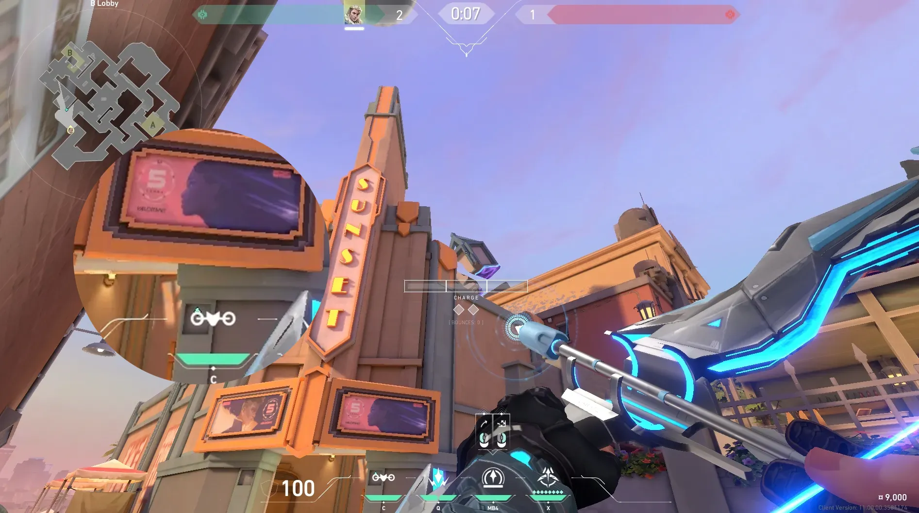 Sova Recon Bolt on Sunset Attack Mid — step 5 of 6: Aim — line up the shot