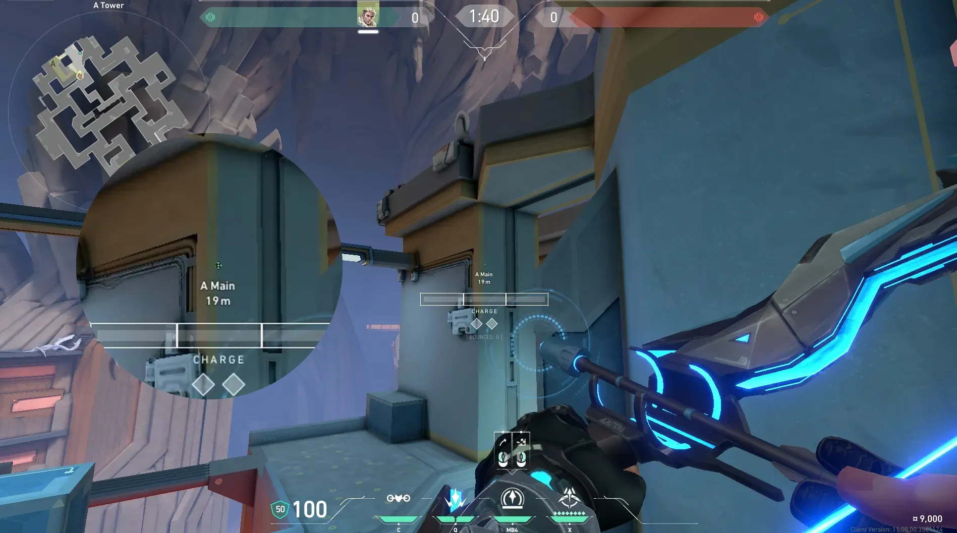Sova Recon Bolt on Abyss Defense Site A — step 3 of 6: Aim — line up the shot