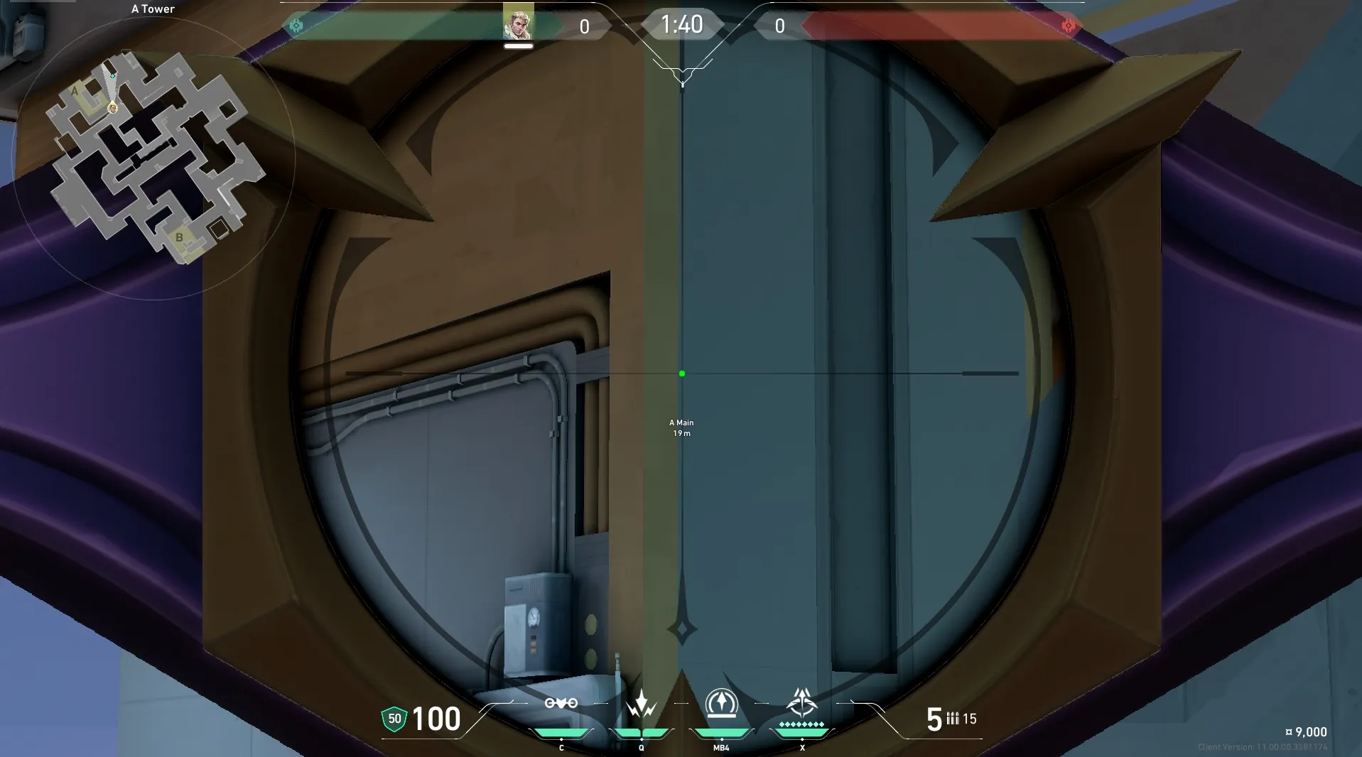 Sova Recon Bolt on Abyss Defense Site A — step 4 of 6: Aim — line up the shot