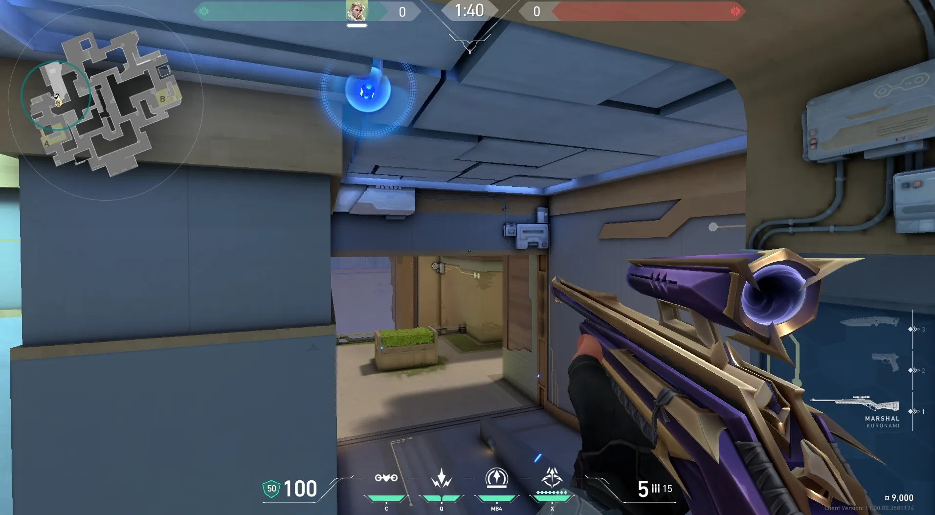 Sova Recon Bolt on Abyss Defense Site A — step 5 of 6: Aim — line up the shot