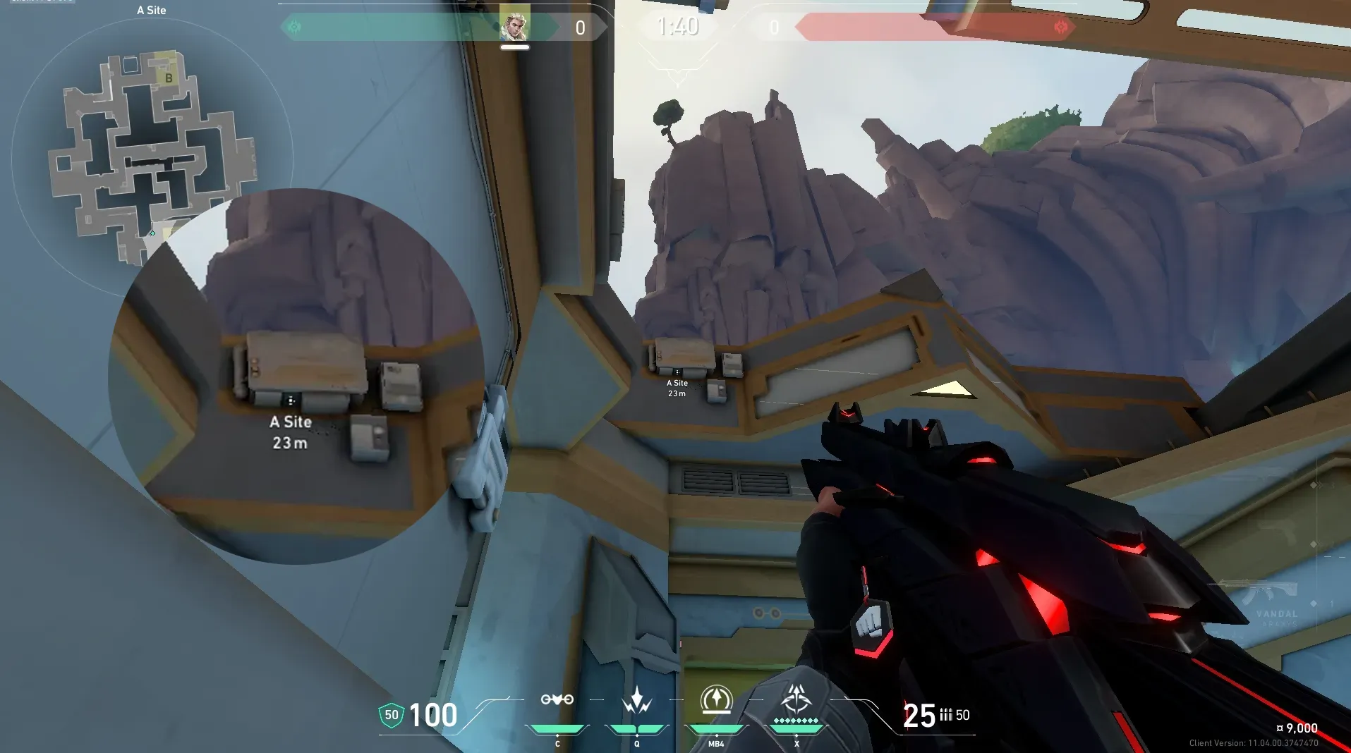 Sova Recon Bolt on Abyss Defense Site B — step 2 of 6: Aim — line up the shot