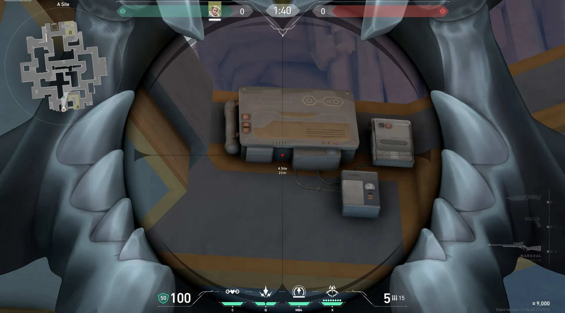 Sova Recon Bolt on Abyss Defense Site B — step 3 of 6: Aim — line up the shot