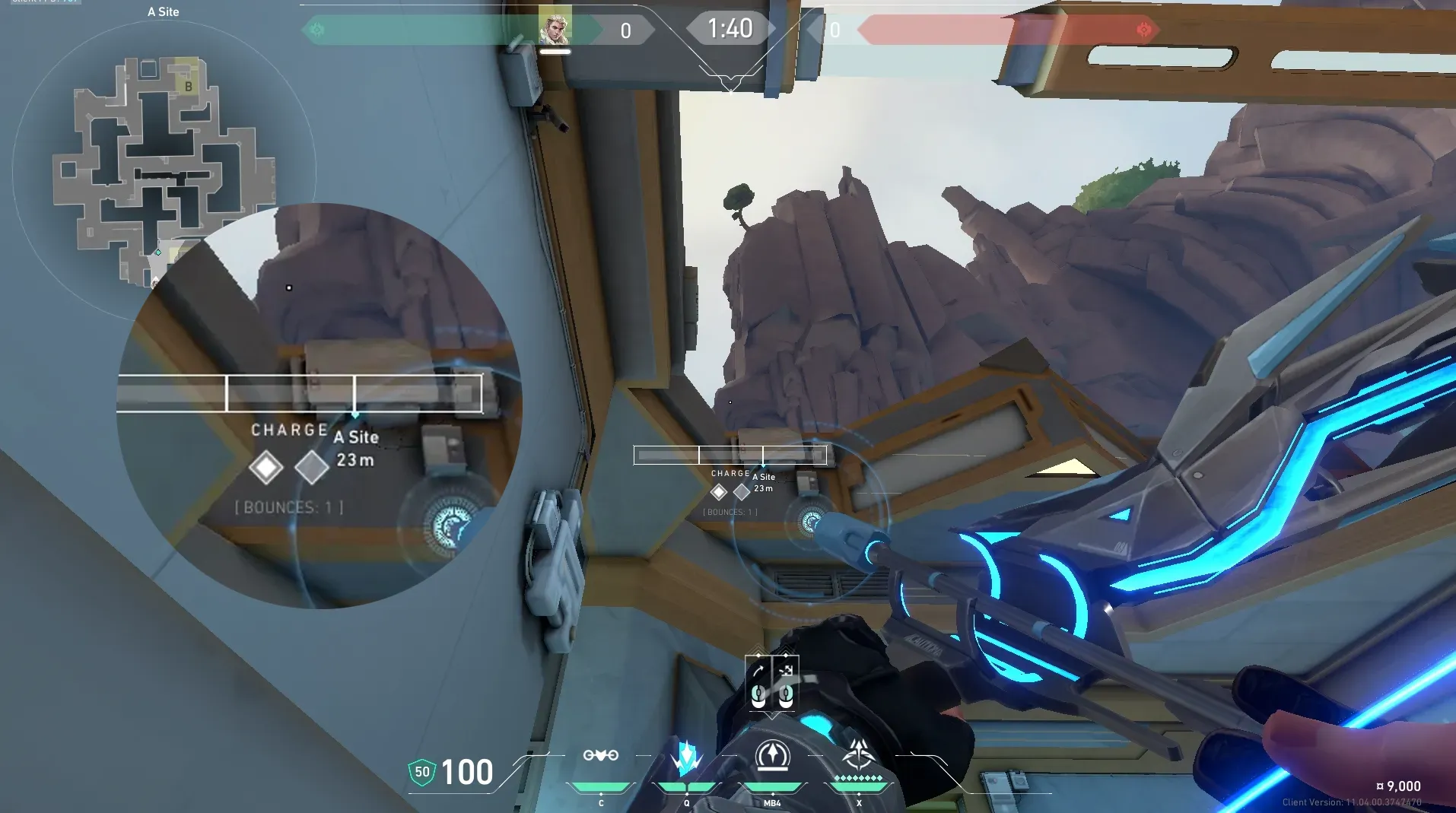 Sova Recon Bolt on Abyss Defense Site B — step 4 of 6: Aim — line up the shot