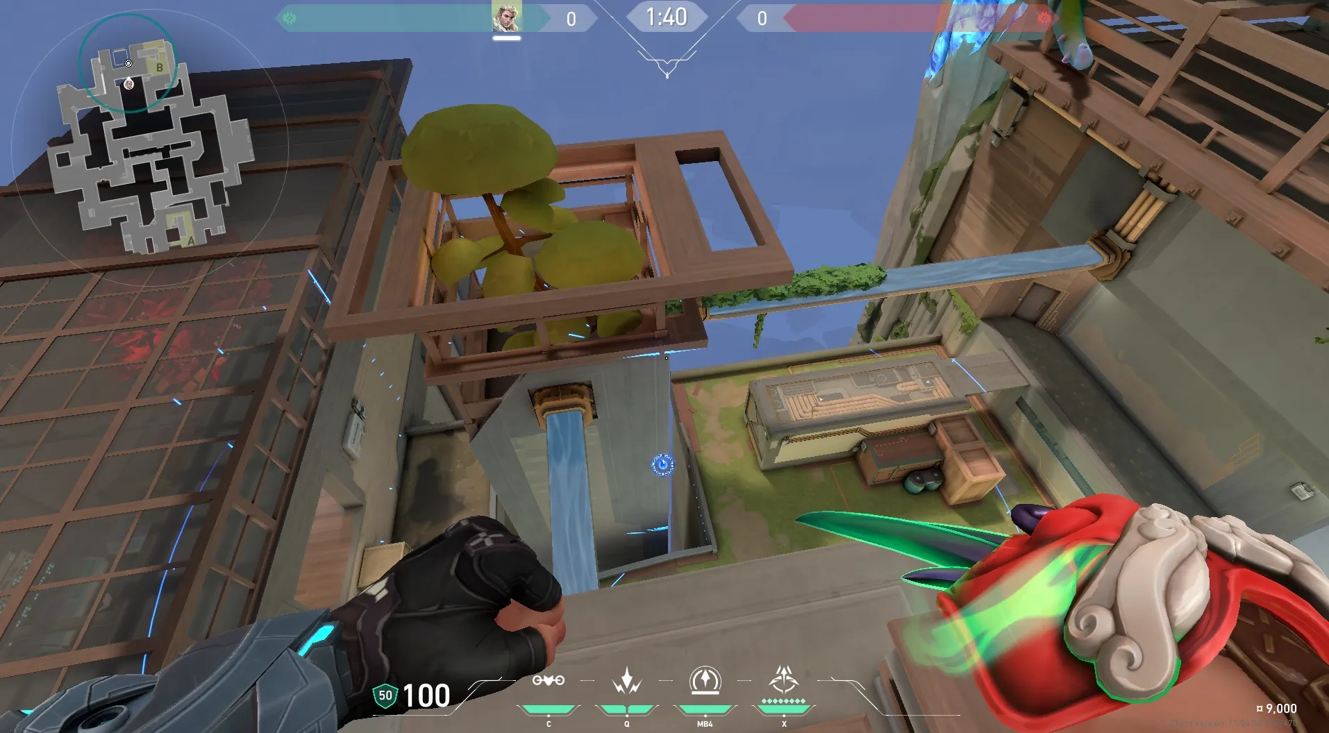 Sova Recon Bolt on Abyss Defense Site B — step 5 of 6: Aim — line up the shot