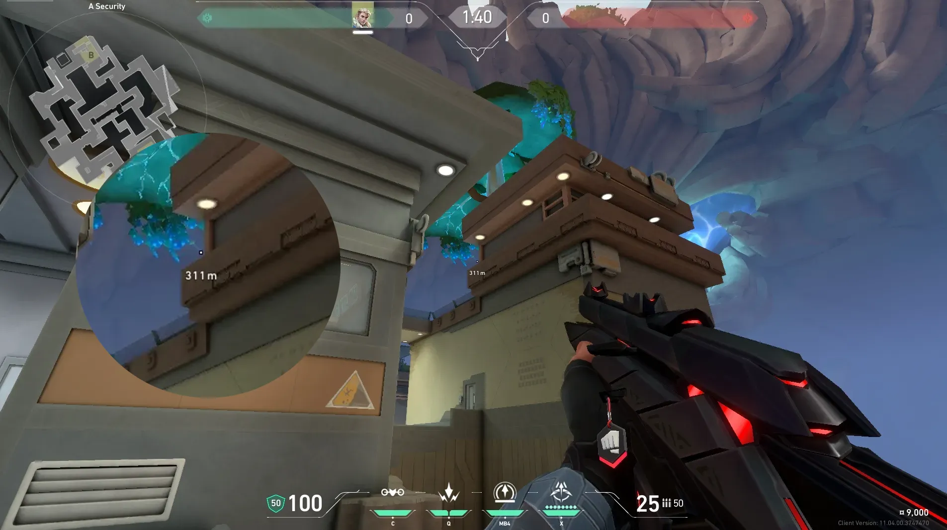 Sova Recon Bolt on Abyss Defense Site B — step 2 of 5: Aim — line up the shot
