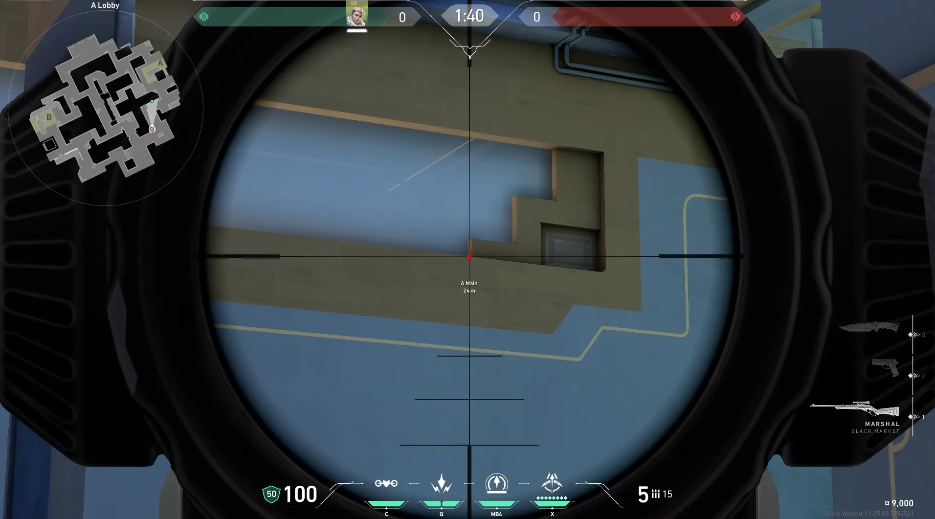 Sova Recon Bolt on Abyss Attack Site A — step 3 of 5: Aim — line up the shot