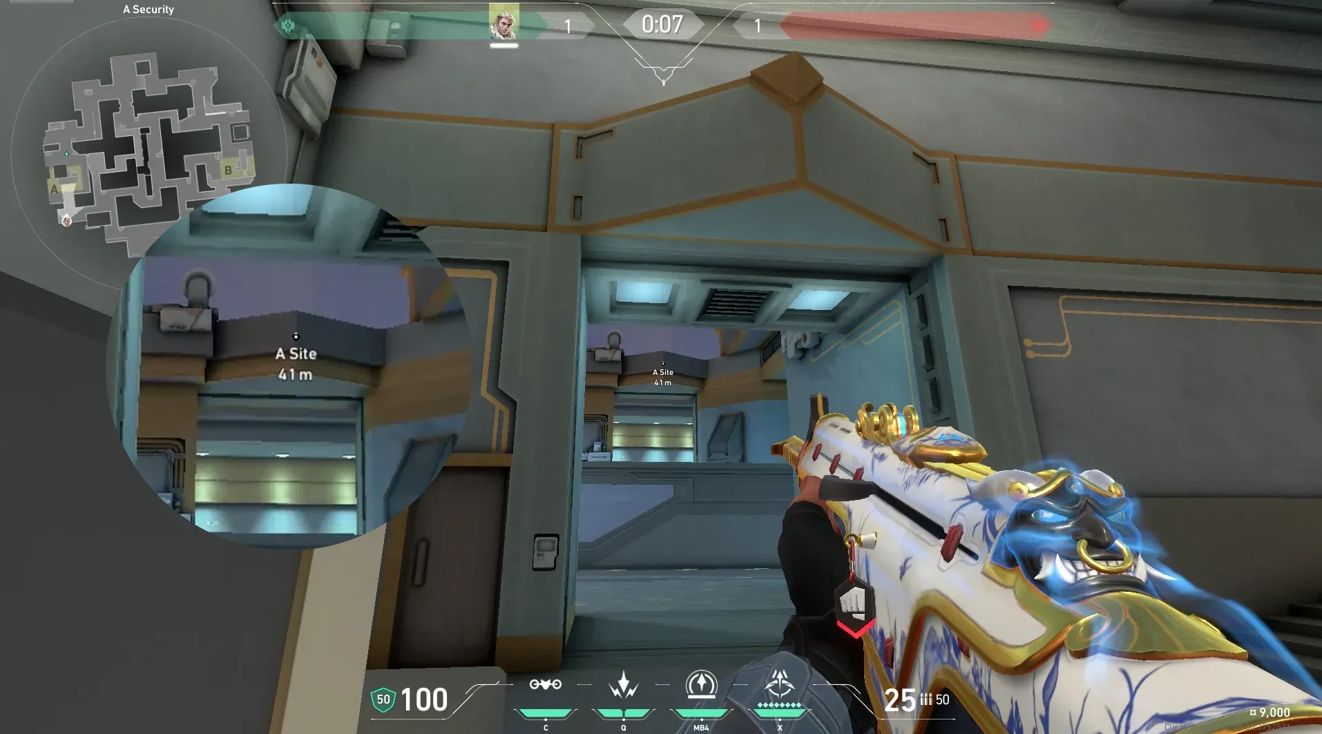 Sova Recon Bolt on Abyss Defense Site A — step 2 of 4: Aim — line up the shot