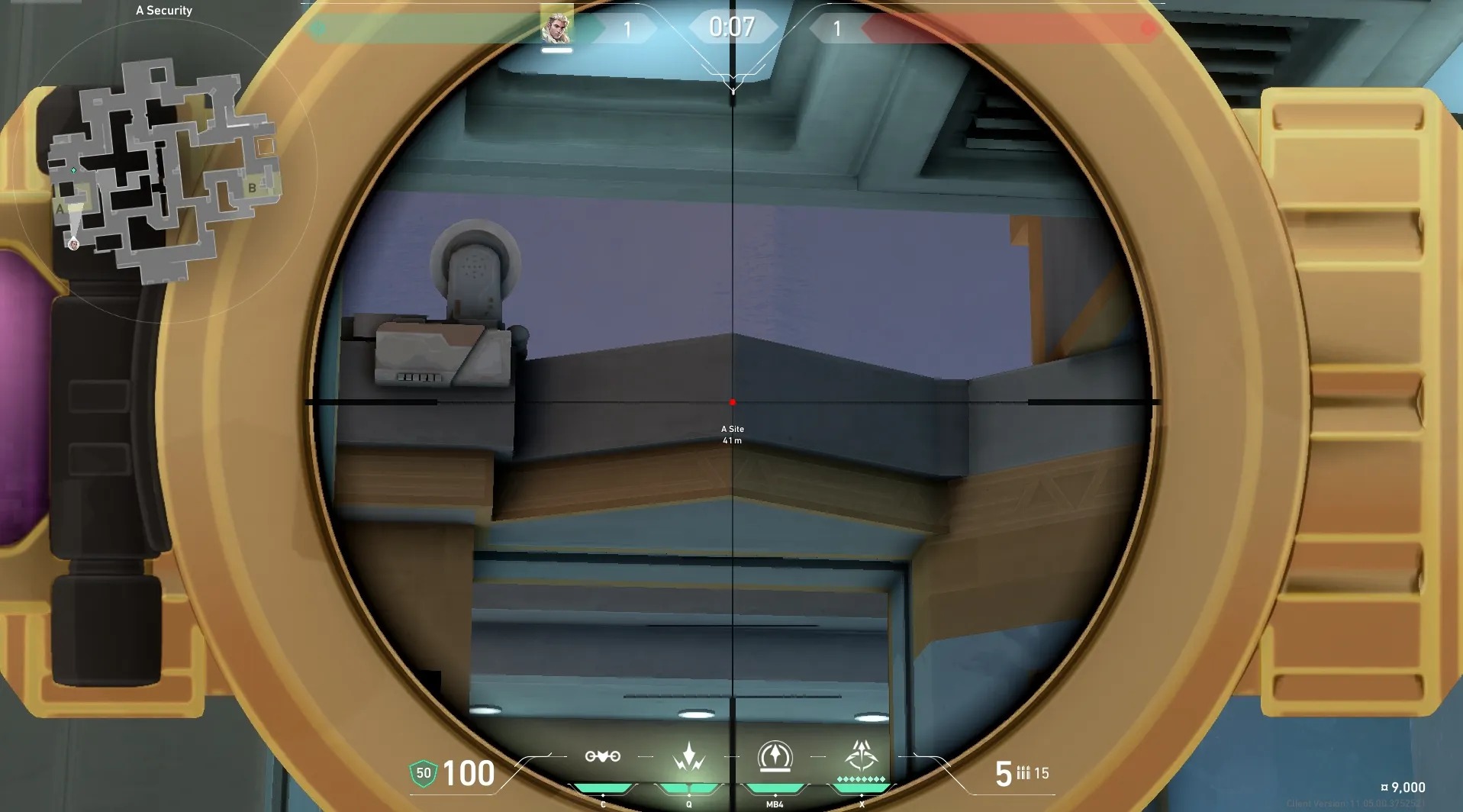 Sova Recon Bolt on Abyss Defense Site A — step 3 of 4: Aim — line up the shot