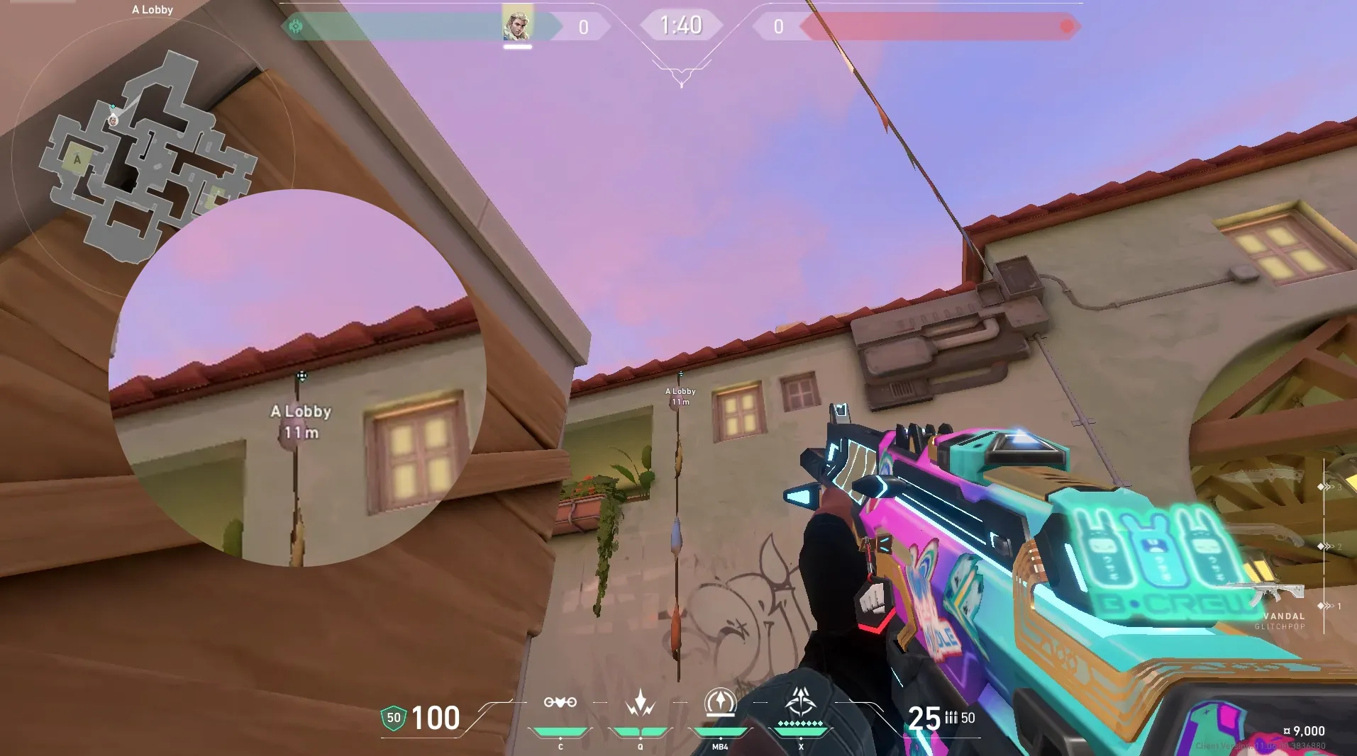 Sova Recon Bolt on Sunset Attack Site A — step 3 of 6: Aim — line up the shot