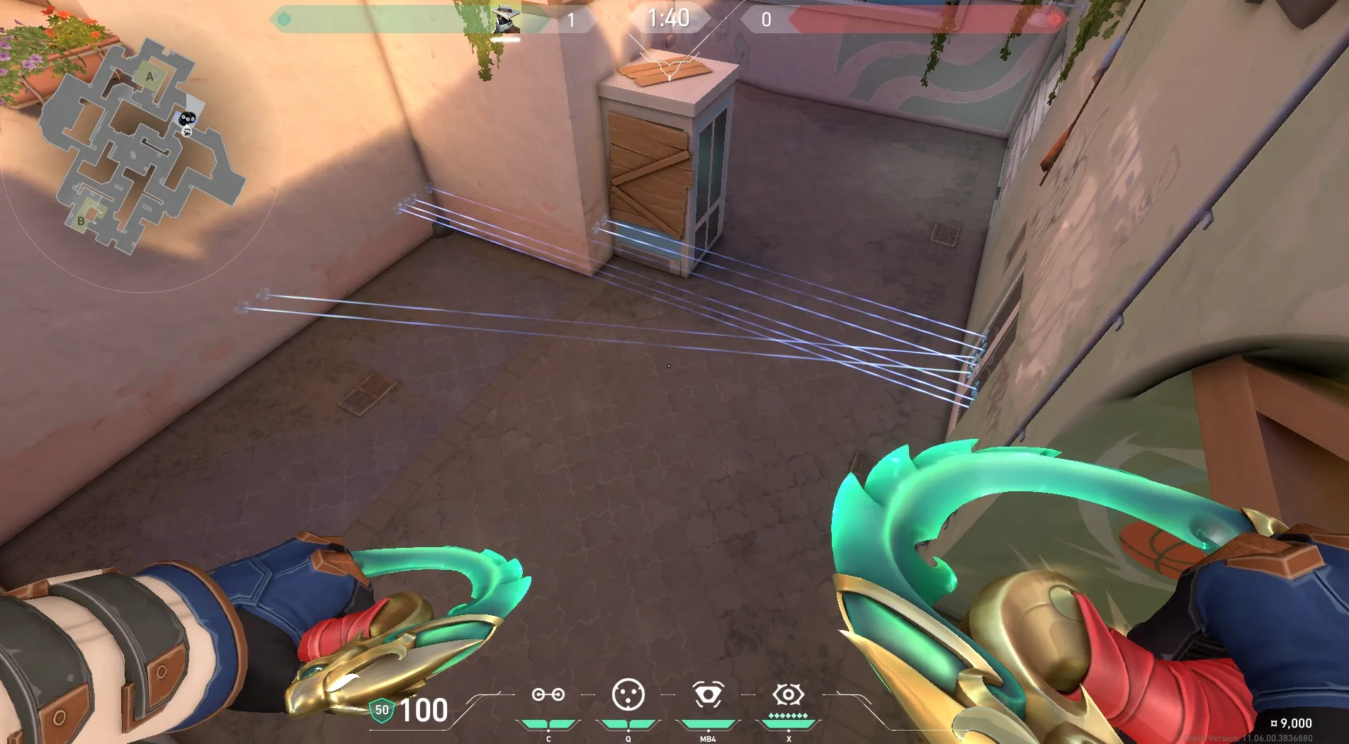 Sova Shock Bolt on Sunset Defense Site A — step 5 of 6: Aim — line up the shot