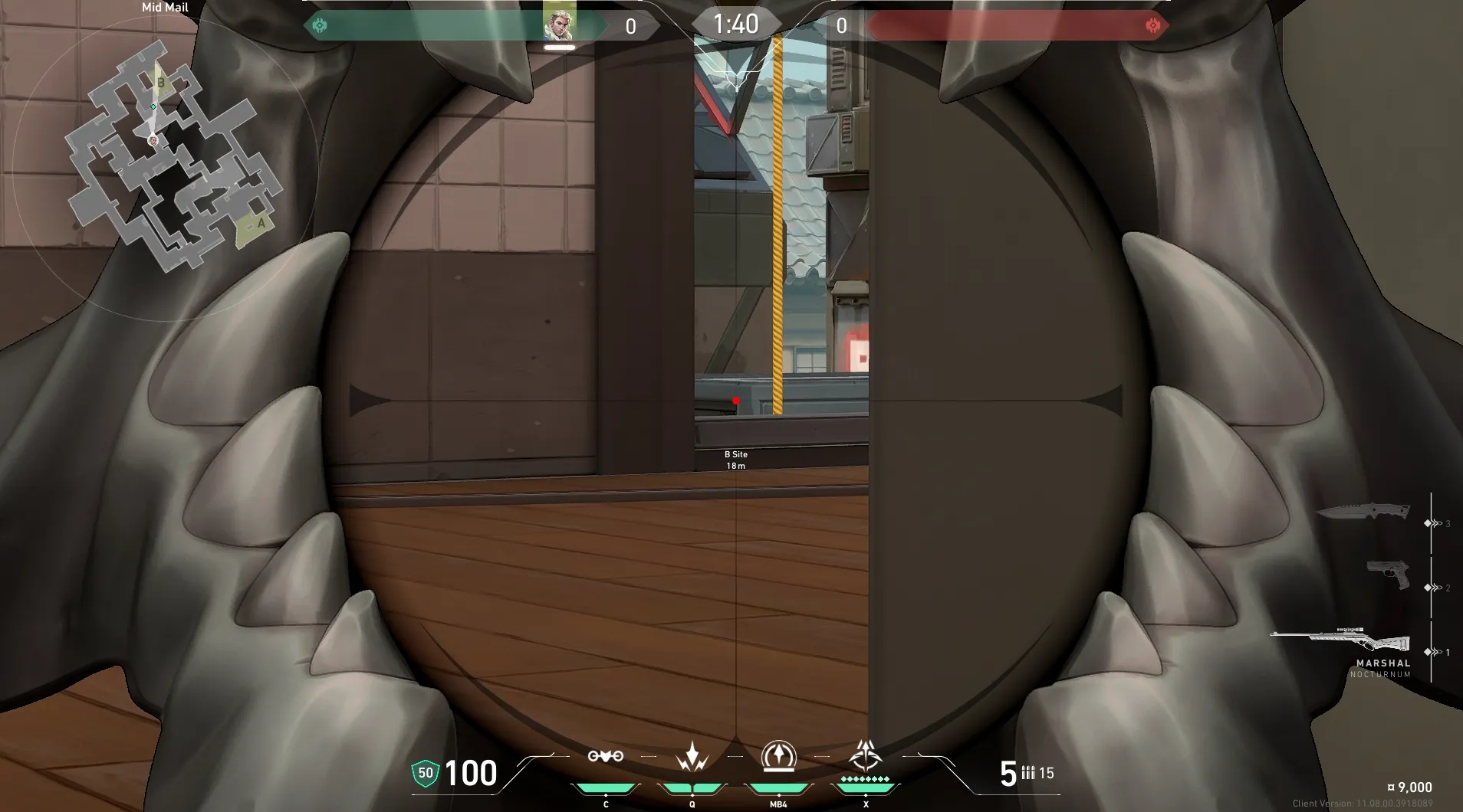 Sova Recon Bolt on Split Defense Site B — step 3 of 5: Aim — line up the shot