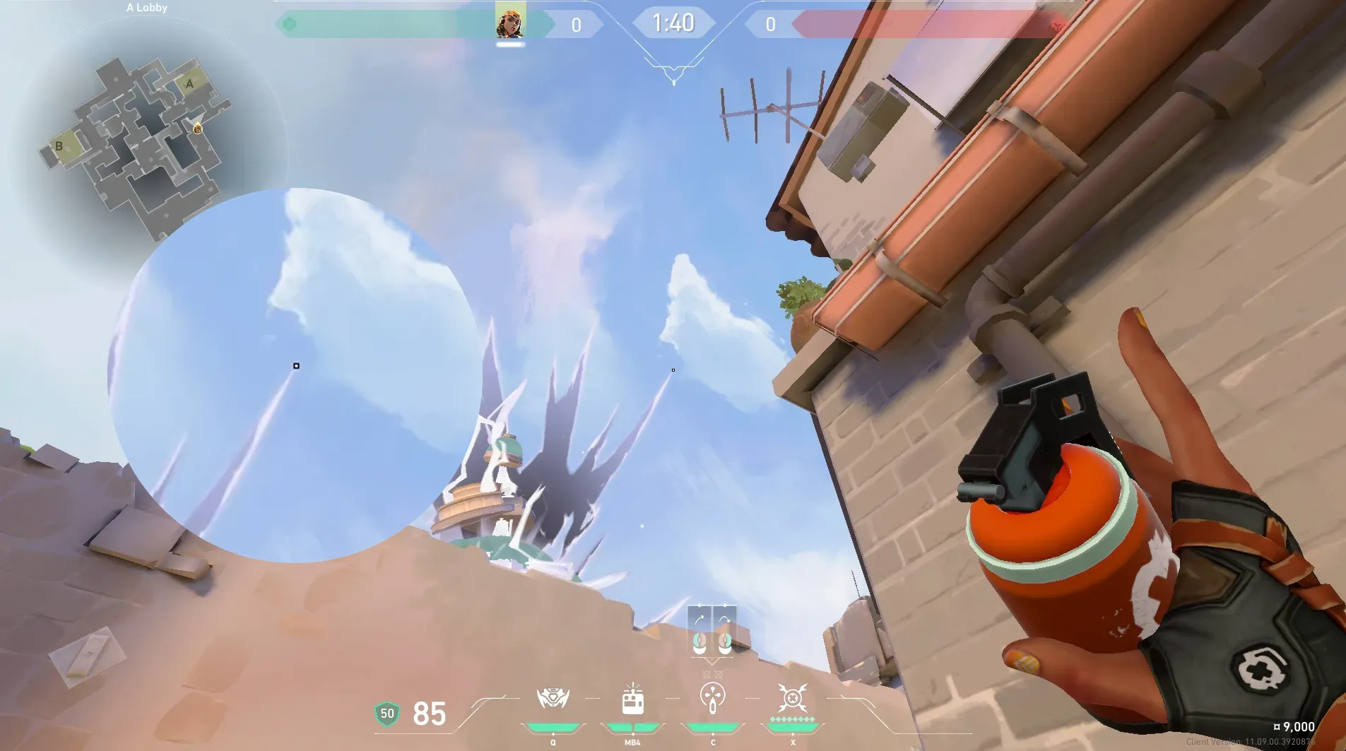 Raze Paint Shells on Ascent Attack Site A — step 2 of 4: Aim — line up the shot